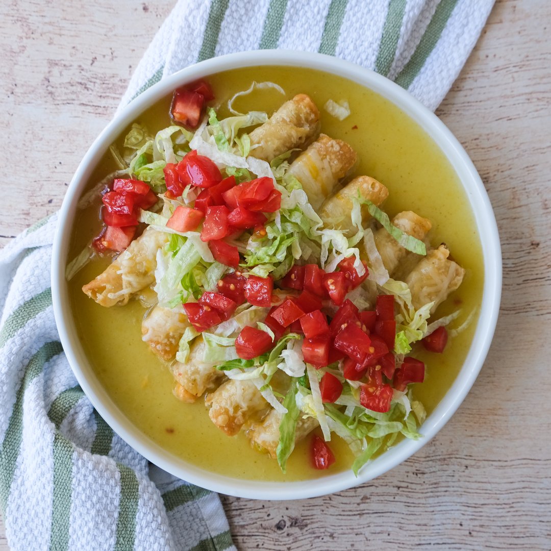 Ultra Easy Chicken Taquito "Enchiladas" with Green Sauce, Lettuce