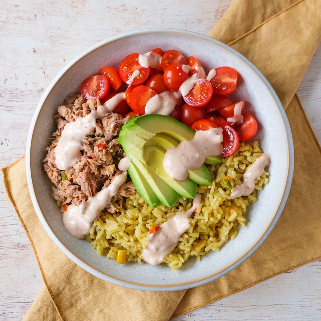Short Cut Garden Veggie Rice Bowl with Spicy Tuna, Tomatoes, Avocado