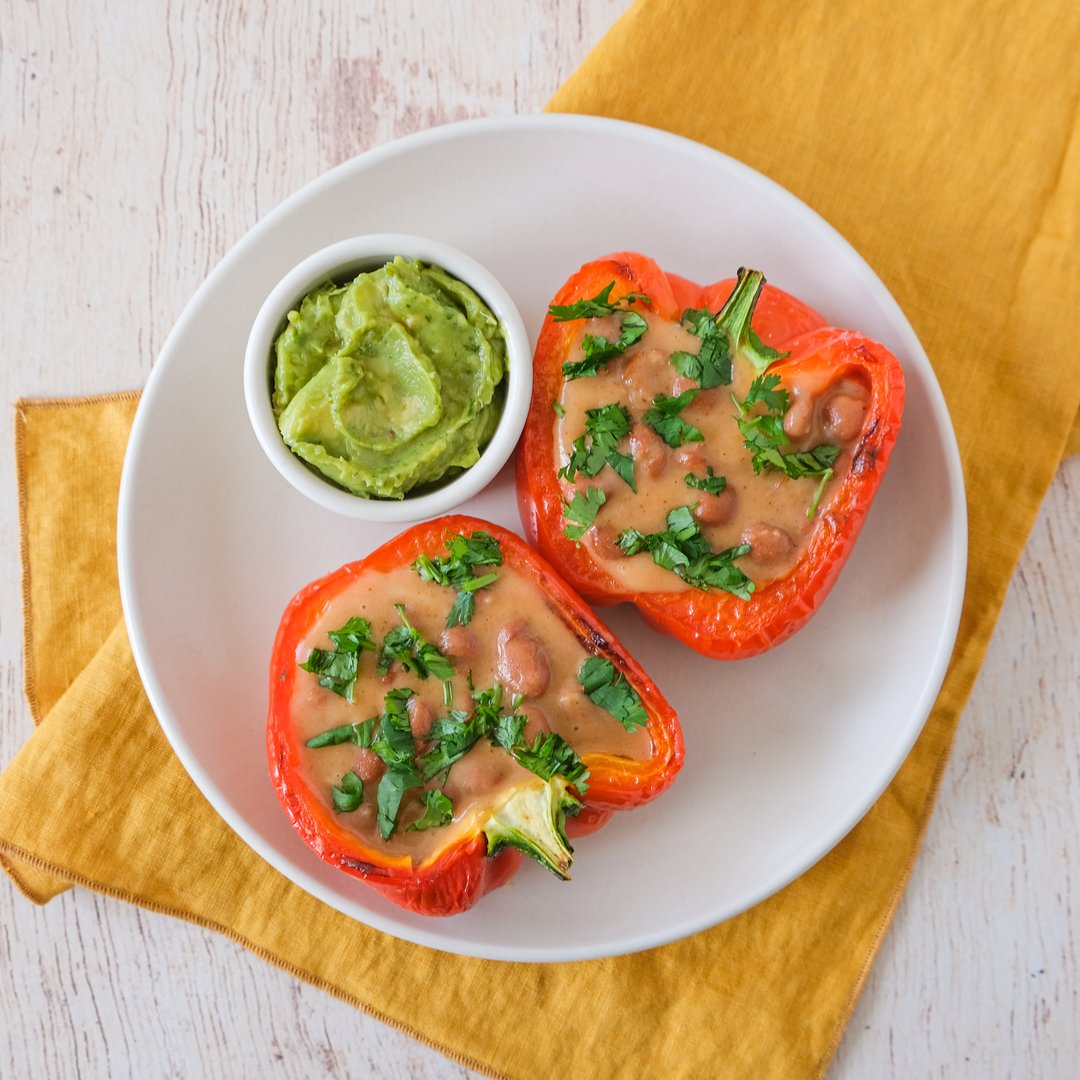 Short Cut Vegetarian Chili Bean & Cheese Stuffed Peppers with Guacamole