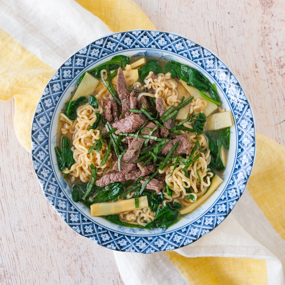Ultra Easy Beef Ramen with Spinach, Bamboo Shoots & Basil JewelOsco