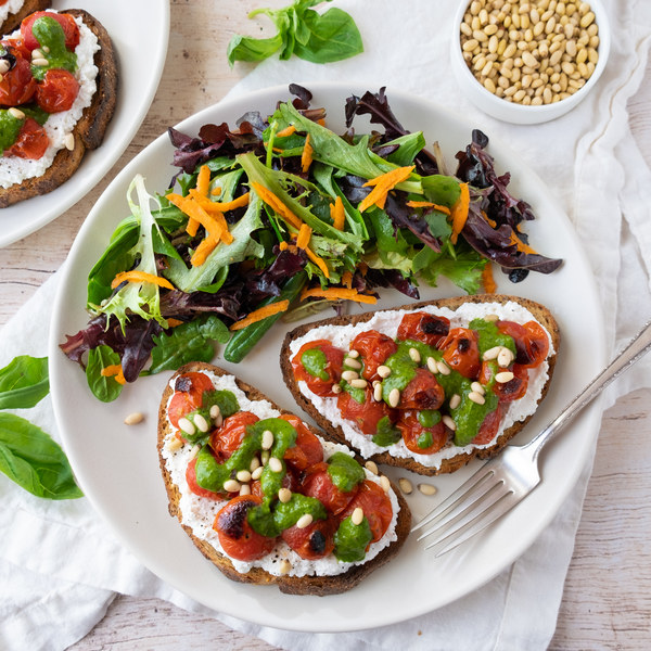 Vegetarian Recipes Blistered Cherry Tomato, Pesto & Ricotta Tartines