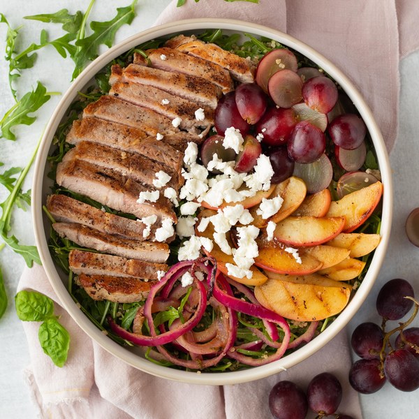 Healthy Recipes Grilled Pork Quinoa Bowl with Apple, Grapes & Goat