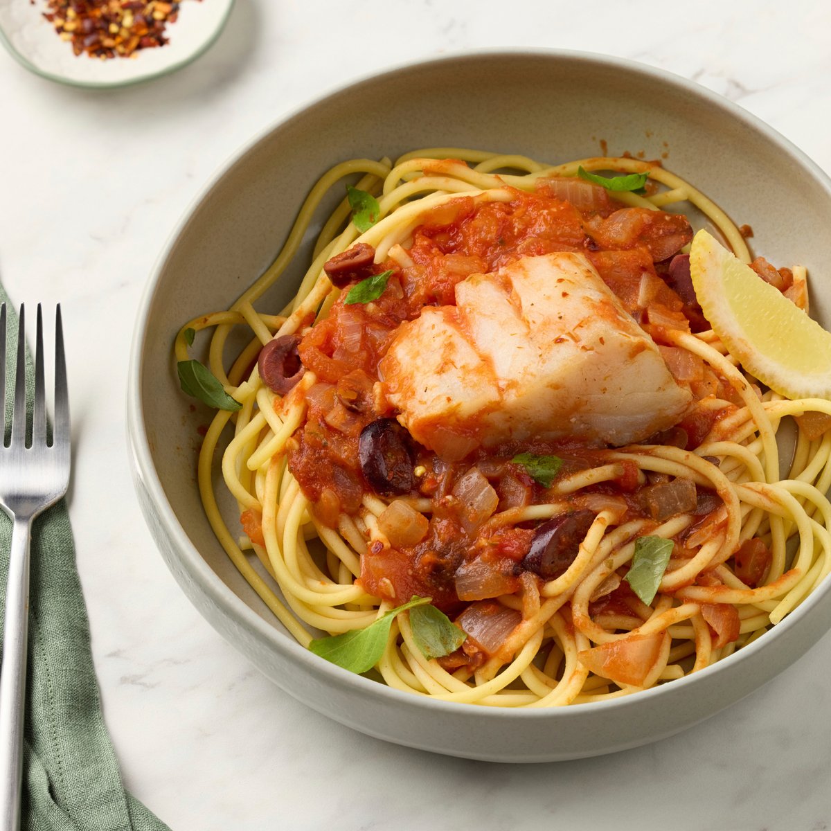 Cod Bucatini with Spicy Red Sauce Vons