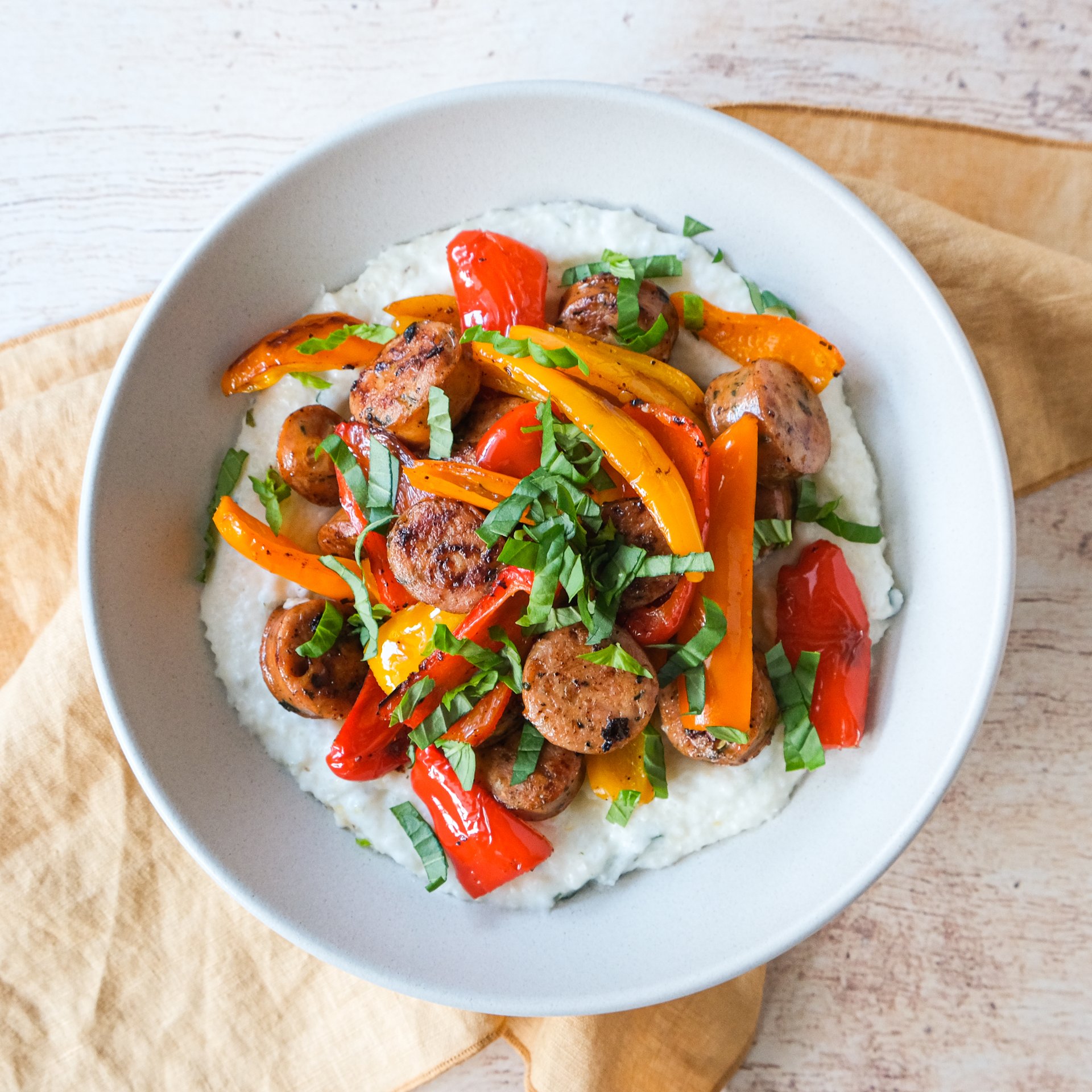 Short Cut Italian Chicken Sausage & Pepper Sauté over Goat Cheese Grits ...