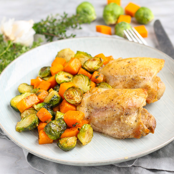 Chicken Recipes Sheet Pan Chicken with MapleThyme Squash & Brussels