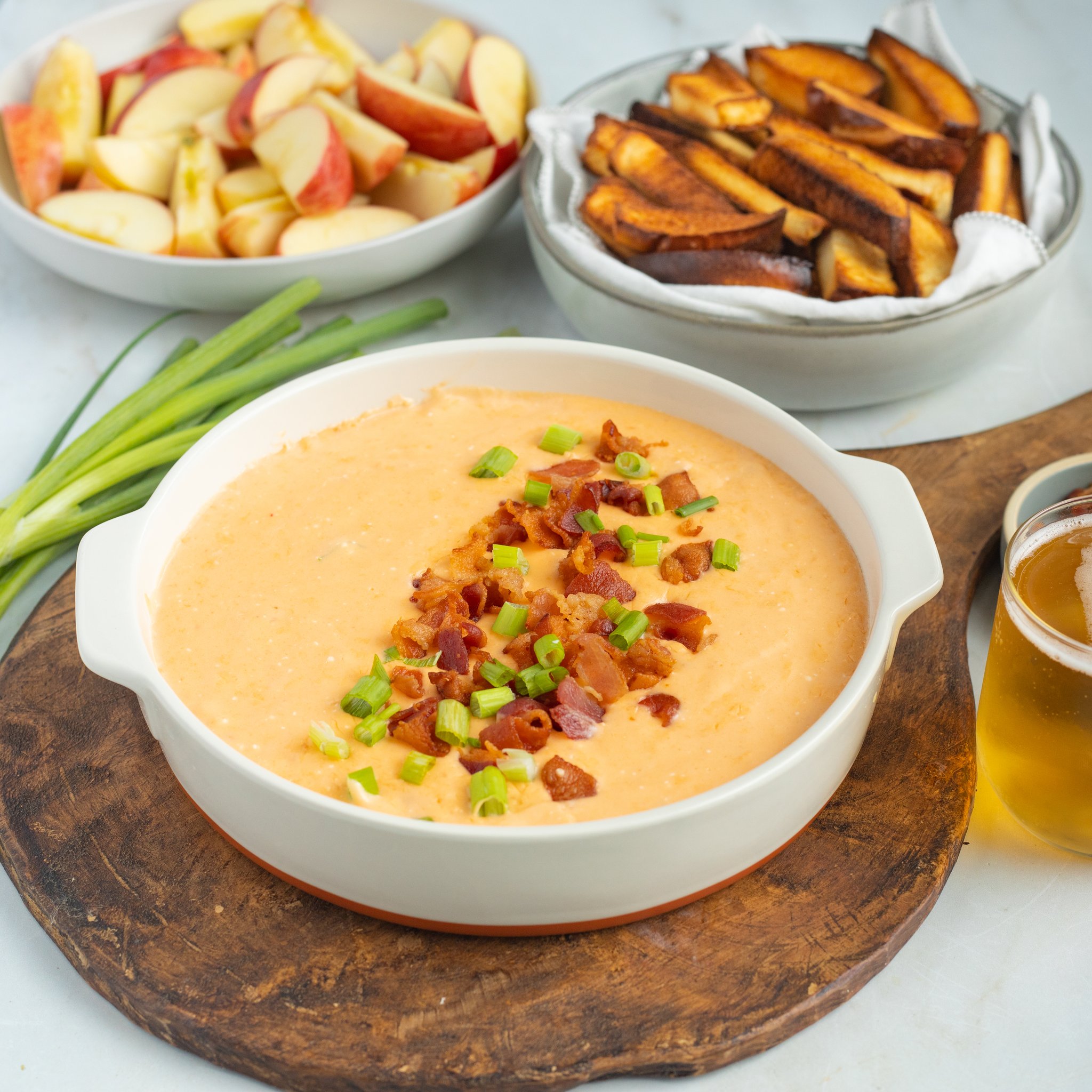 BaconCheddar Beer Dip with Pretzel Bun Bread Sticks & Apple Slices