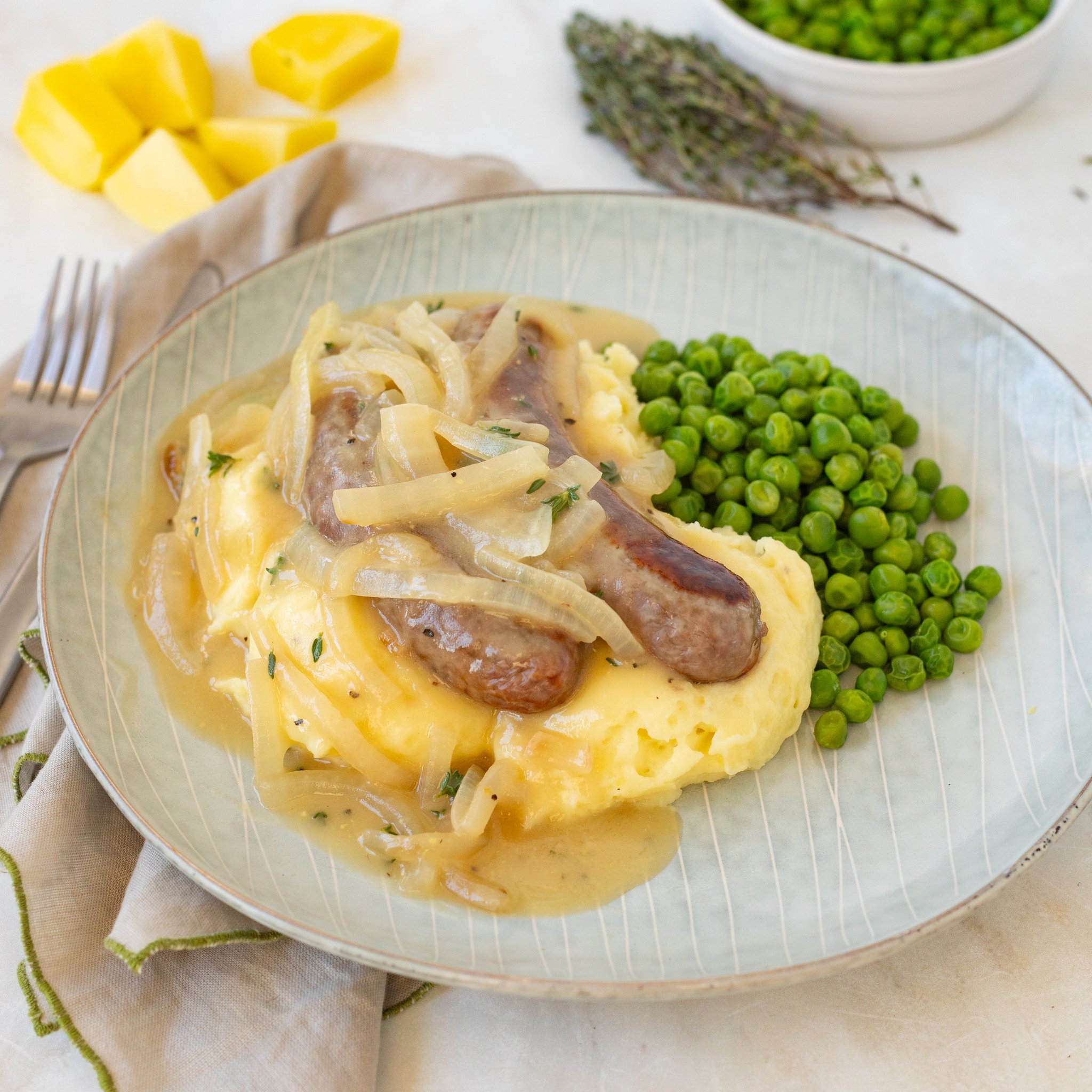 Bangers & Mash with OnionThyme Gravy and Green Peas JewelOsco