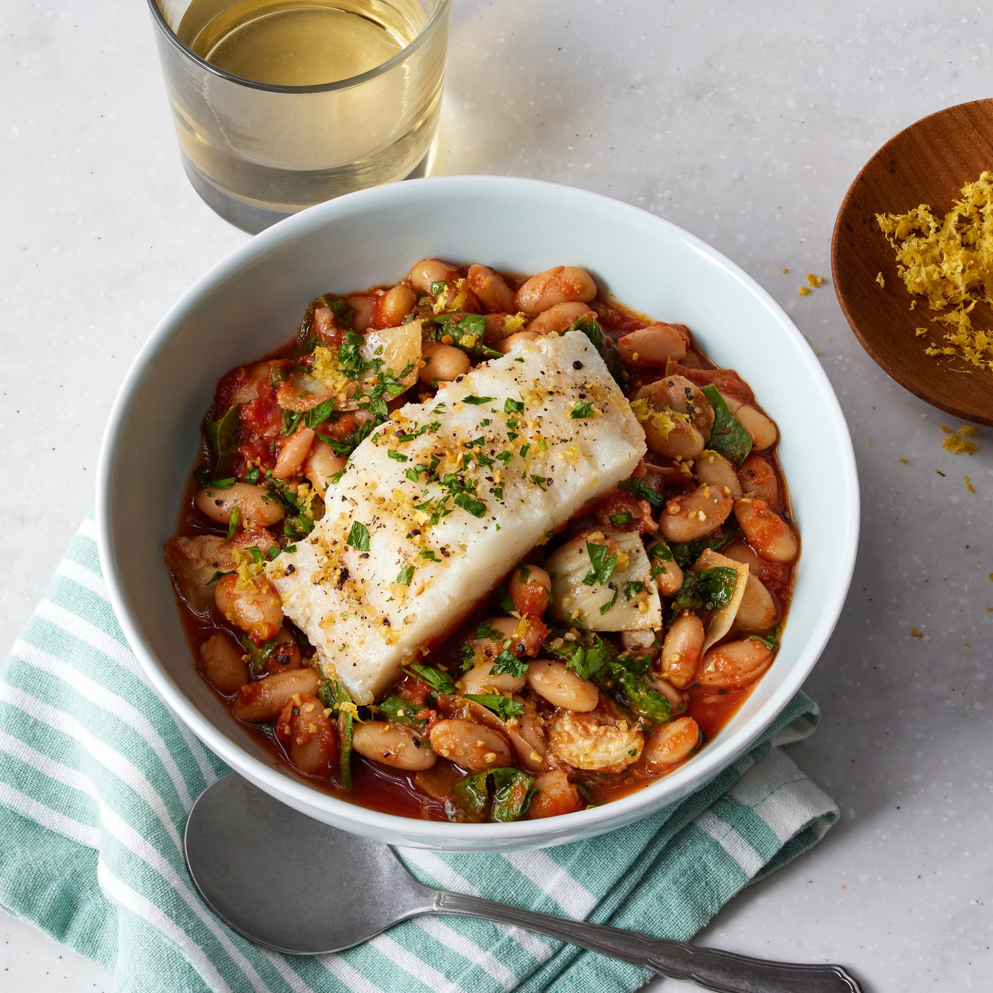 Baked Cod with White Beans, Spinach and Artichoke Hearts Pavilions
