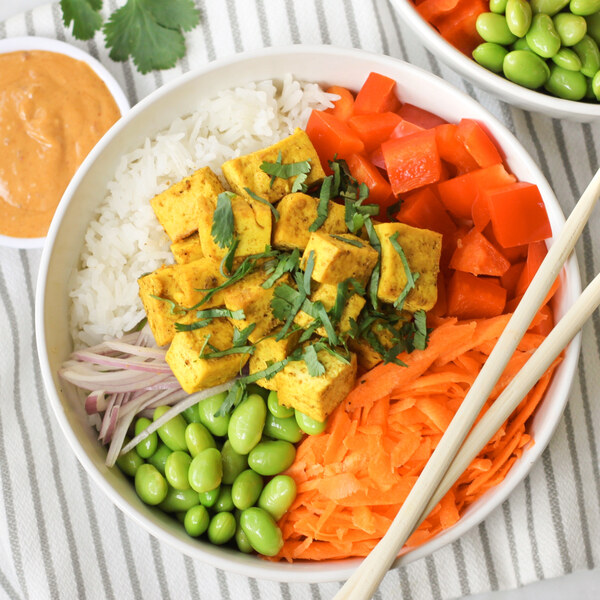 Vegetarian Recipes Baked Tofu Rice Bowl with Edamame, Cilantro