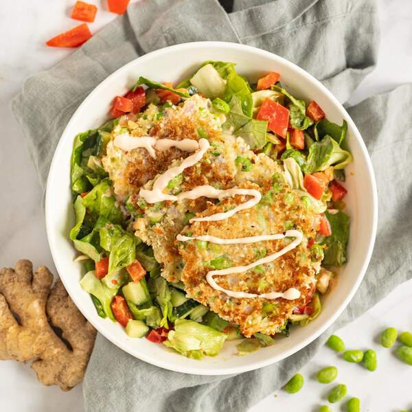 SesamePanko Edamame Fritters with Spicy Mayo & Tahini Dressed Salad
