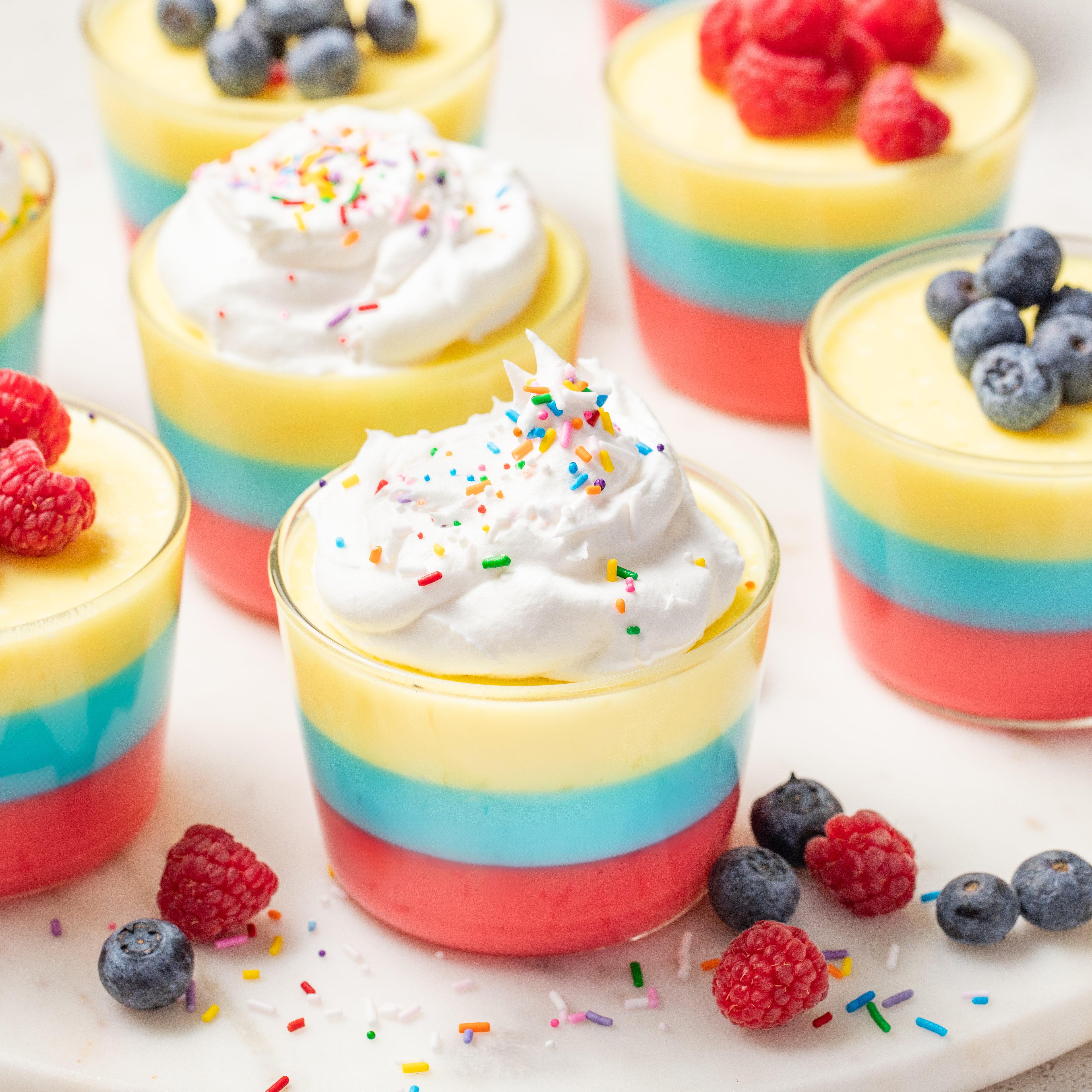 "Gender Reveal" Jello Cups with Whipped Cream & Berries
