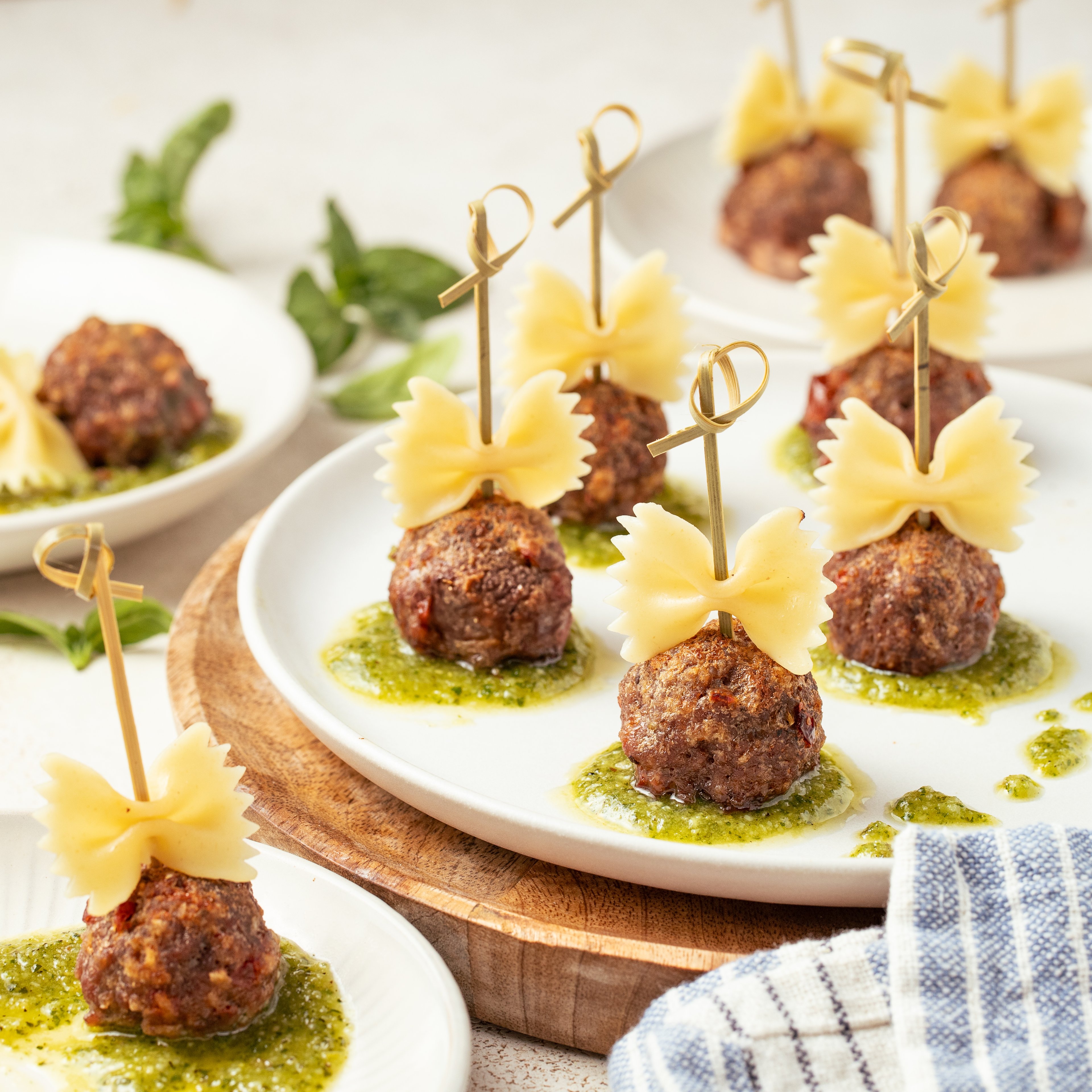 Bow Tie Pasta & Meatball "Baby Rattles" with Homemade Basil Pesto