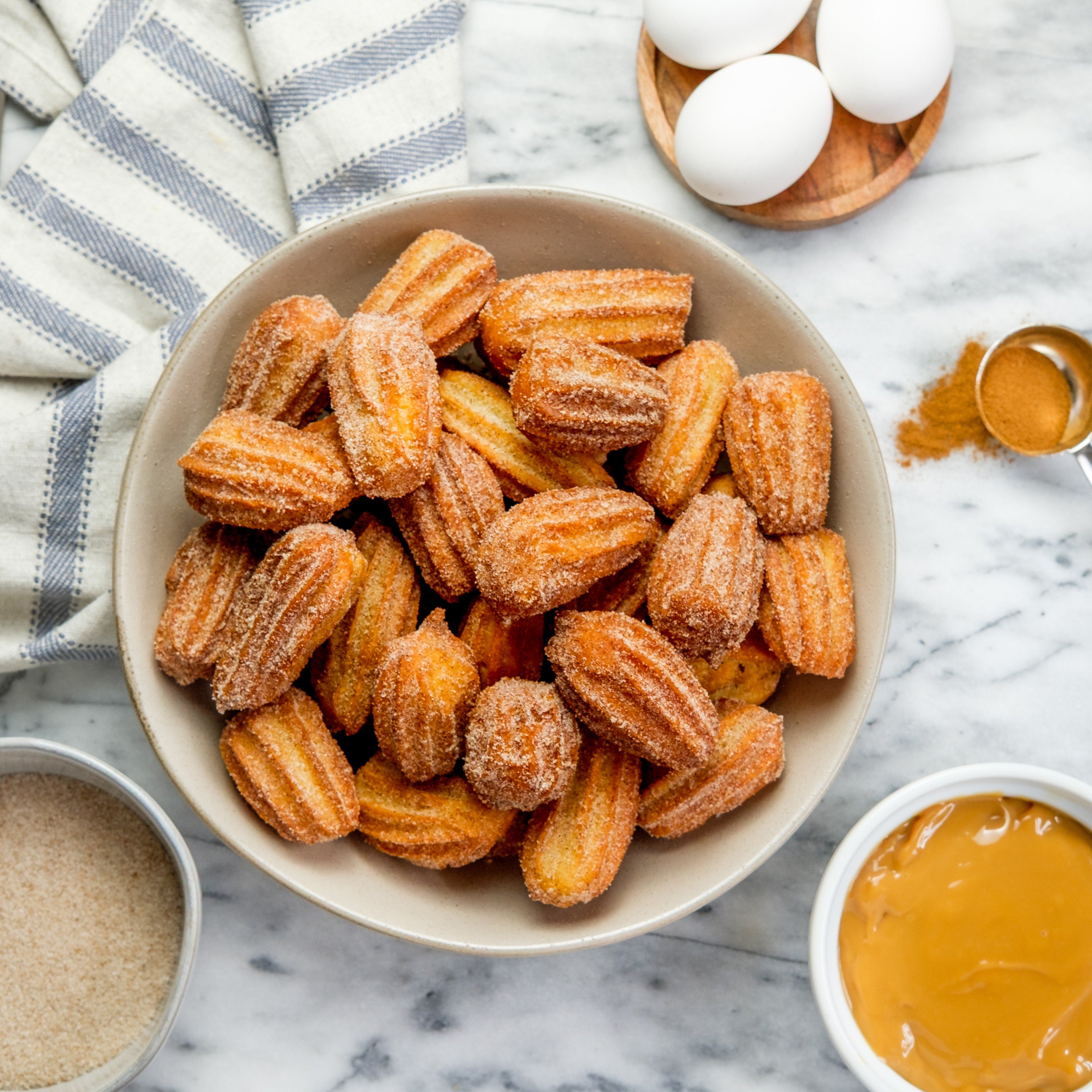 Churro Bites (Fried Dough Pastry) with Dulce de Leche Caramel Dipping Sauce