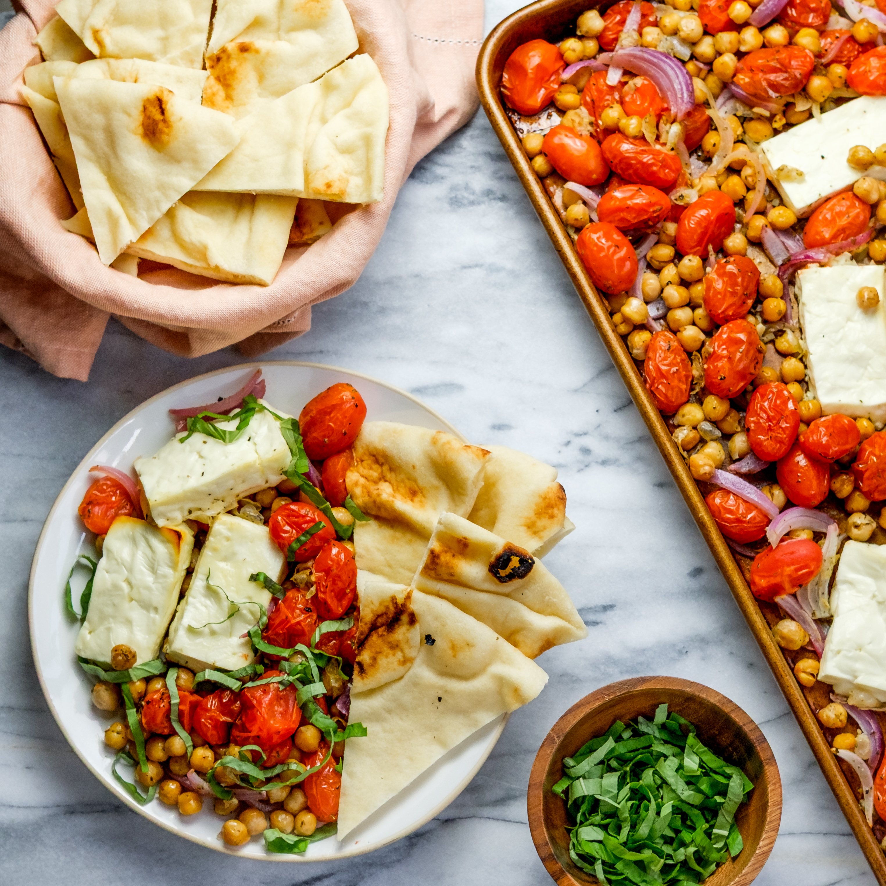 Easy Sheet Pan Feta Bake with Tomatoes, Chickpeas, Basil & Flatbread