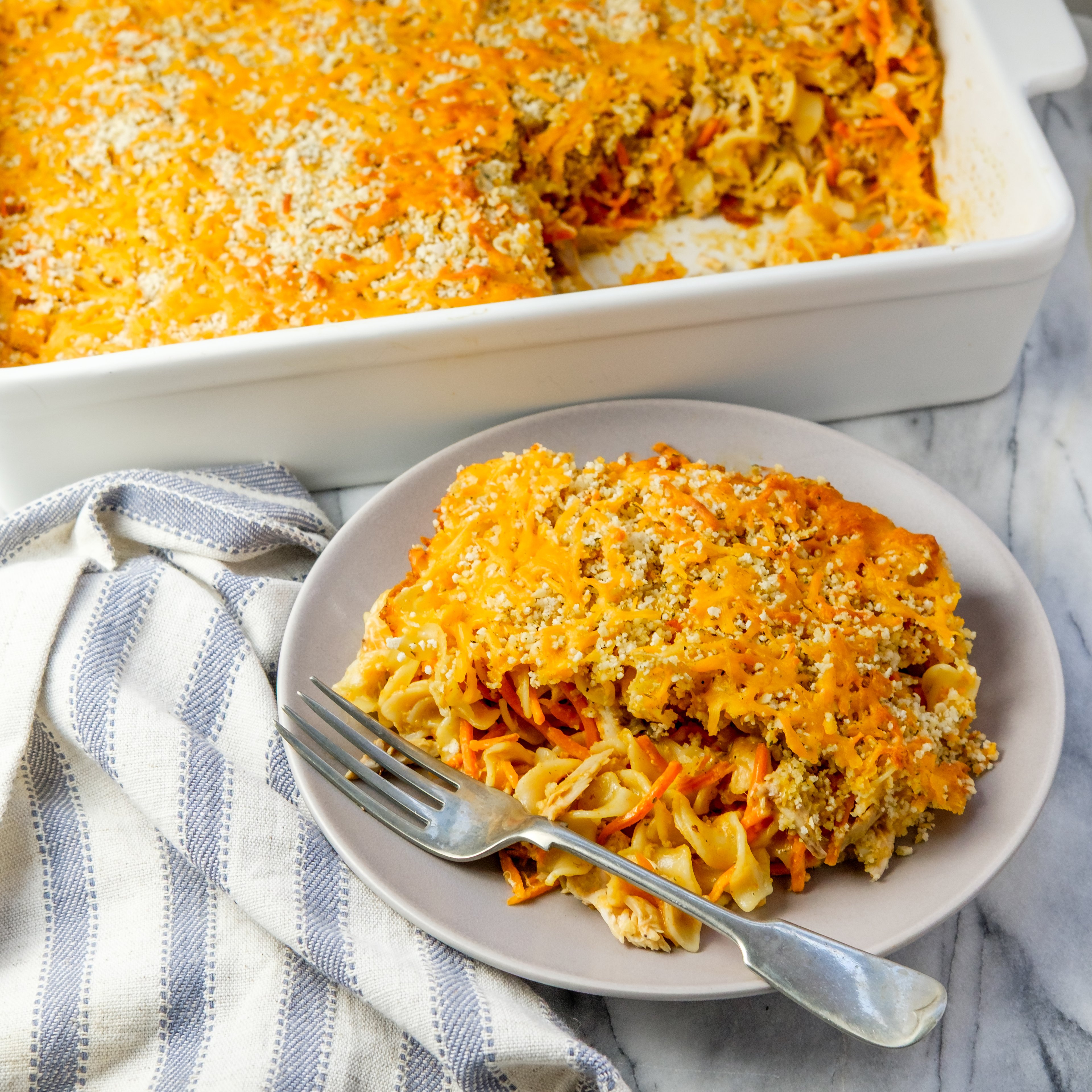 Easy Buffalo Chicken Casserole with Carrots & Cheddar-Bread Crumb Topping