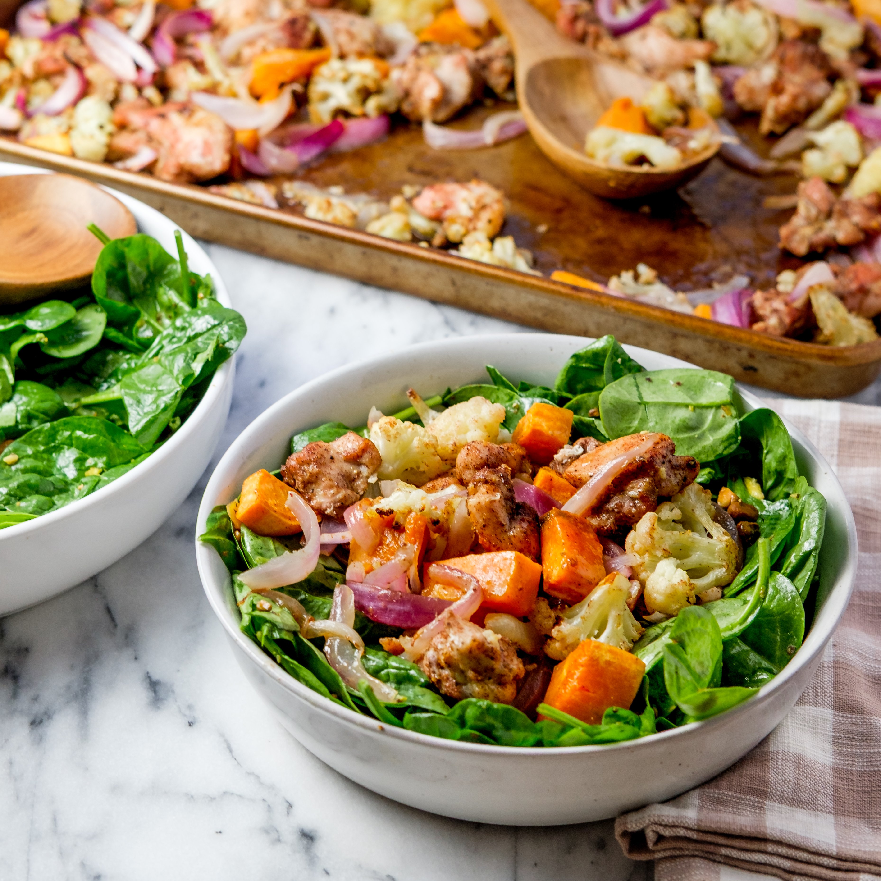 Easy Spinach Salad with Sheet Pan Chicken, Sweet Potato, Cauliflower, Apricots & Pistachios