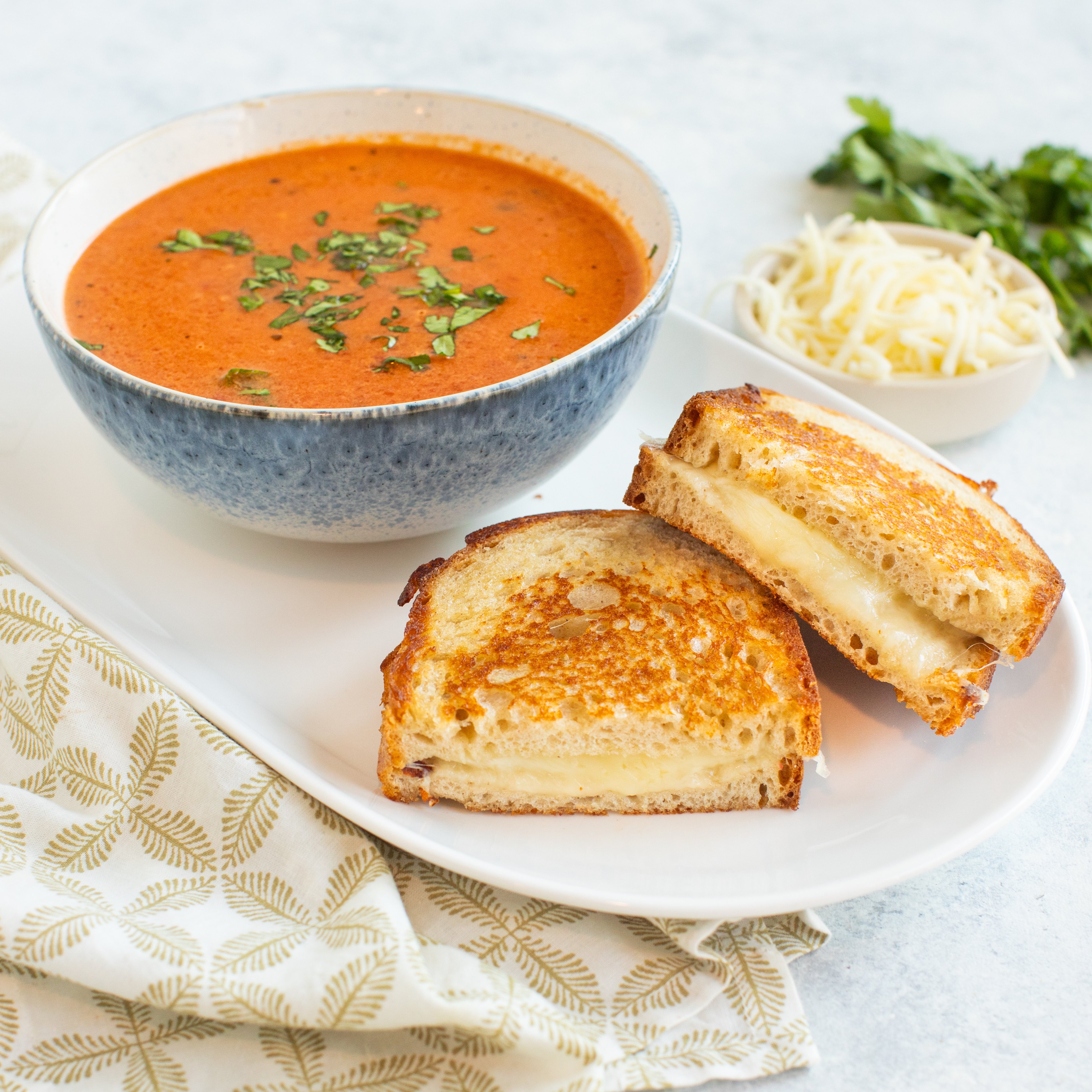 Lucerne Queso Grilled Cheese Sandwich with Cream of Tomato-Salsa Soup