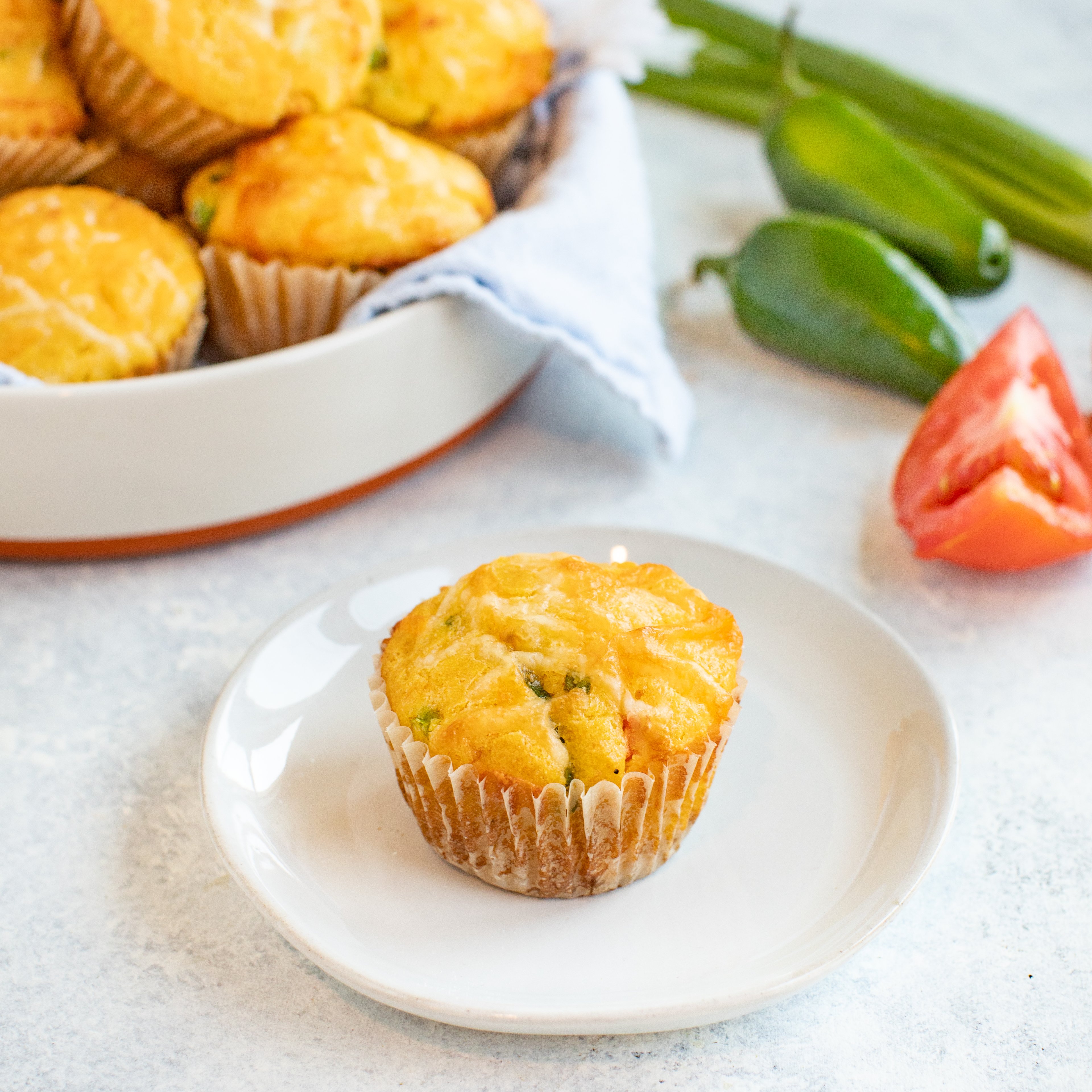 Lucerne Nacho Cheese Cornbread Muffins with Jalapeño, Tomato & Green Onion