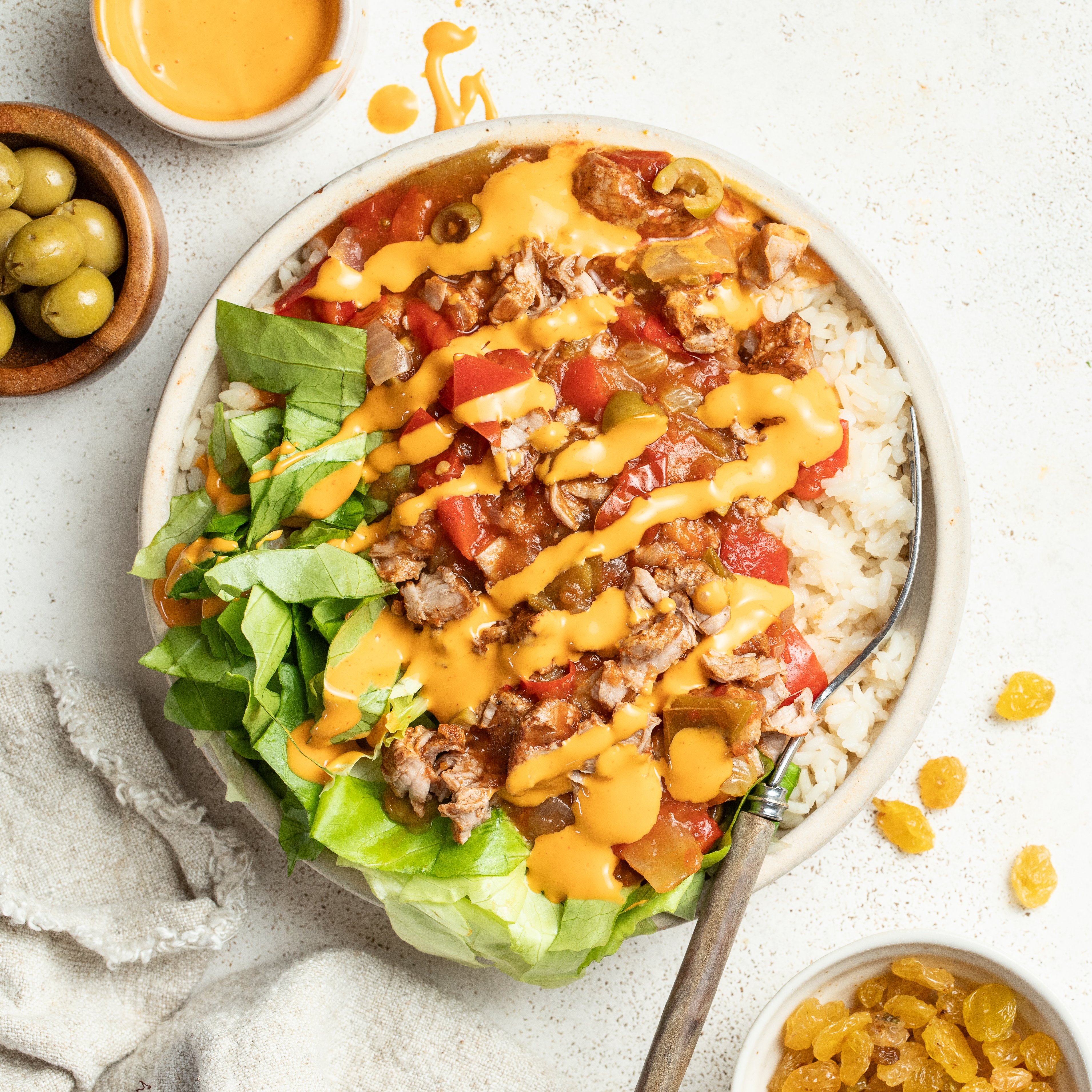 Easy Pressure Cooker Pork Picadillo Rice Bowls with Lettuce & Spicy Mayo