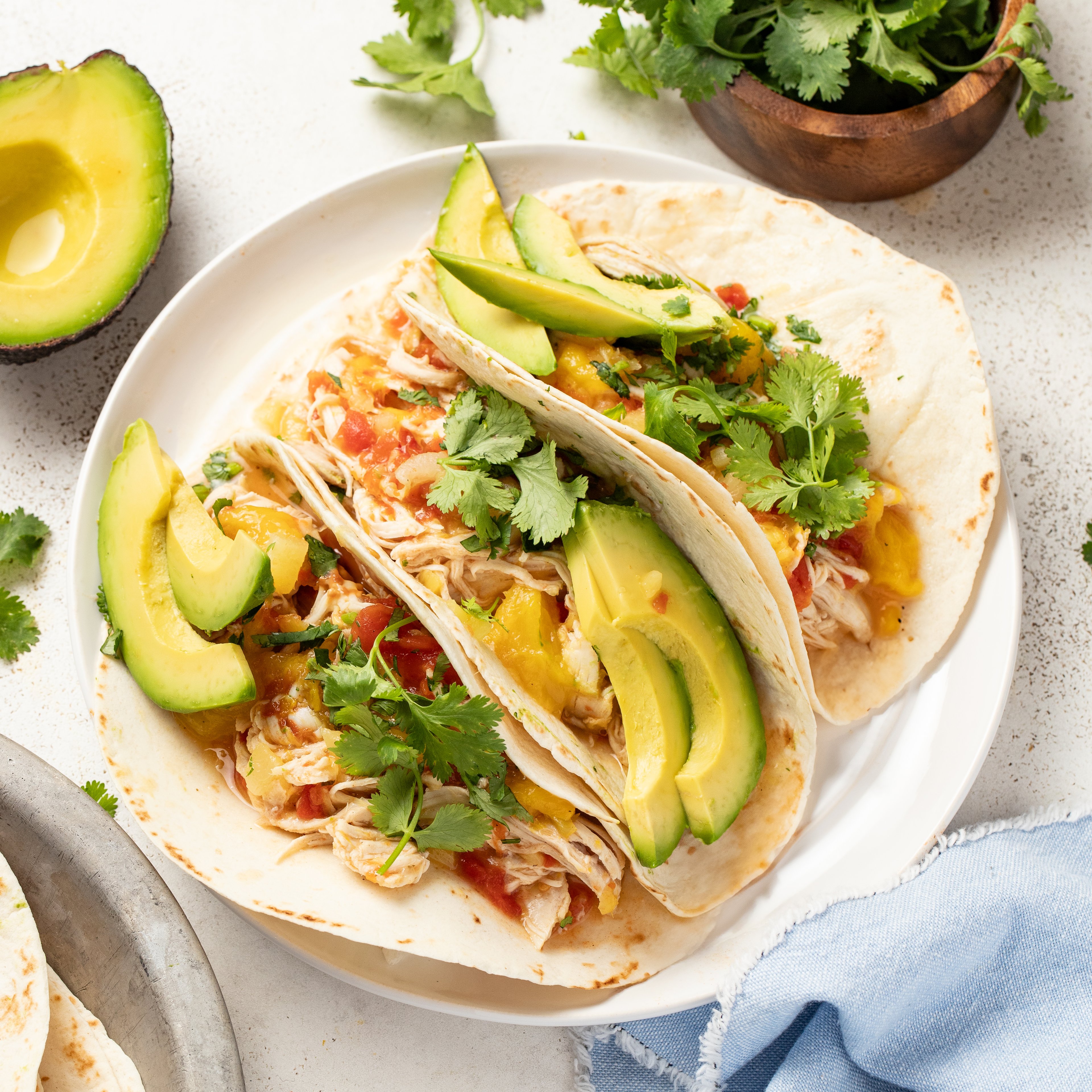 Easy Pressure Cooker Mango-Pineapple Chicken Tacos with Avocado & Cilantro