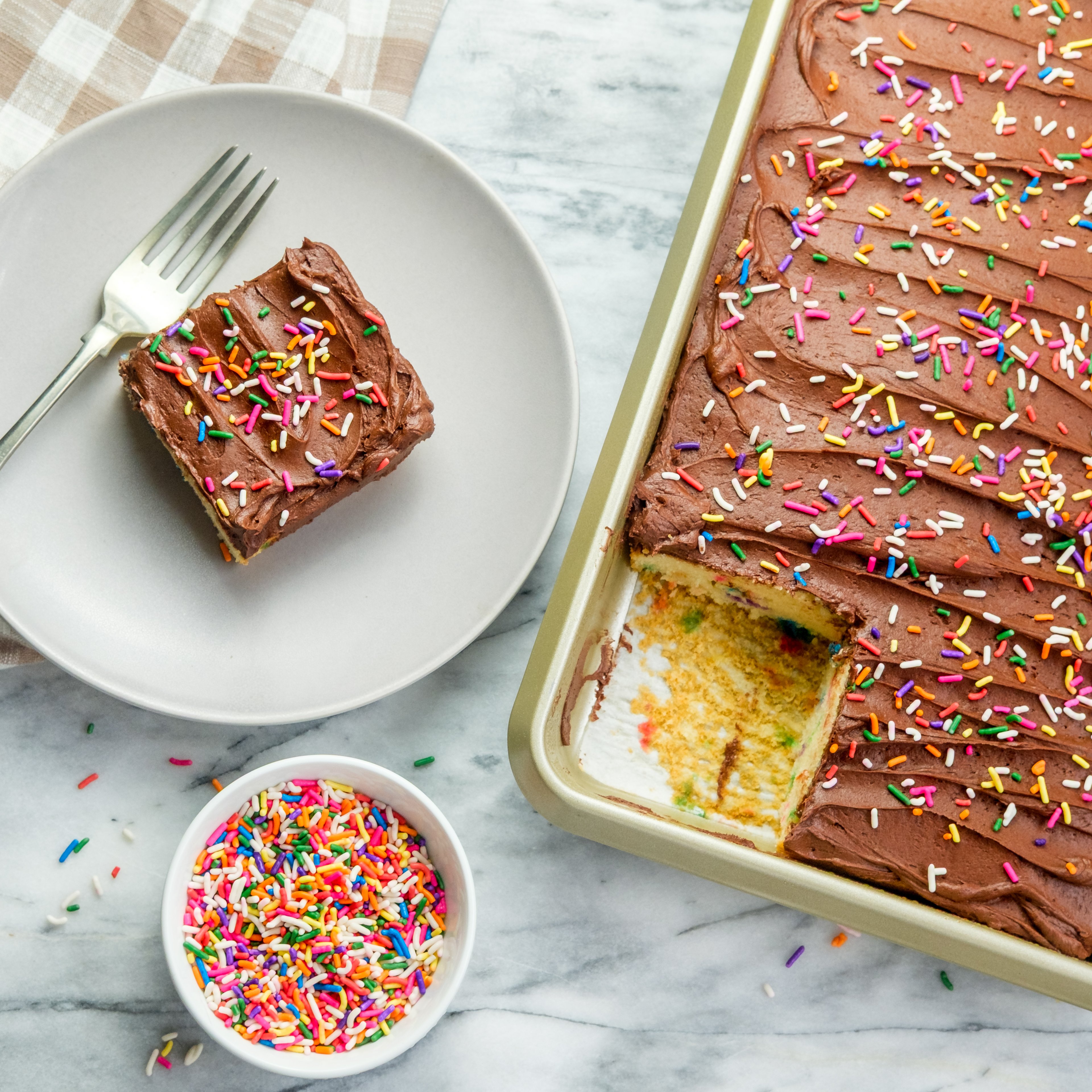 Homemade Gluten-Free Confetti Sheet Cake with Easy Chocolate Buttercream Frosting