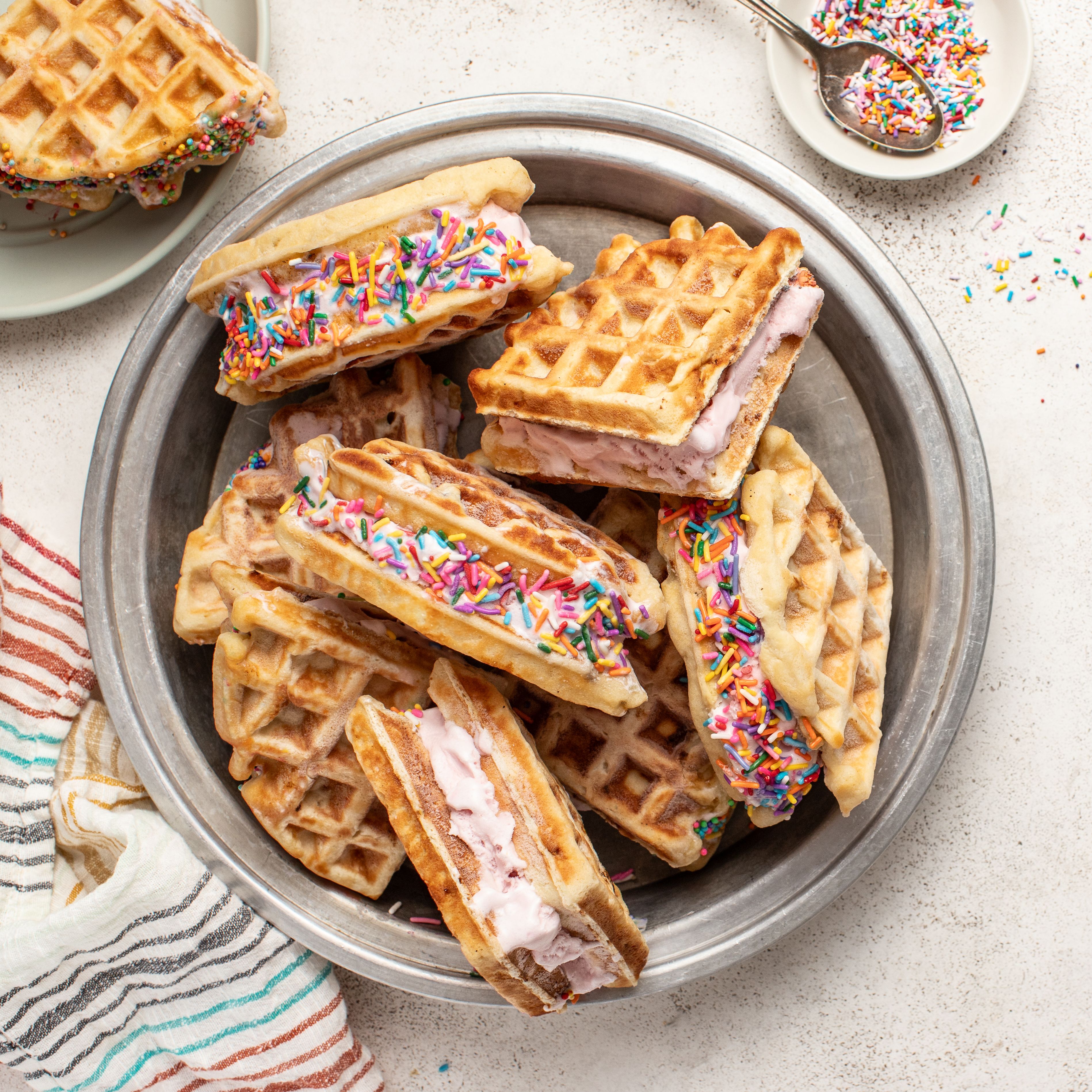 Strawberry Ice Cream Sandwiches with Banana Waffles & Rainbow Sprinkles