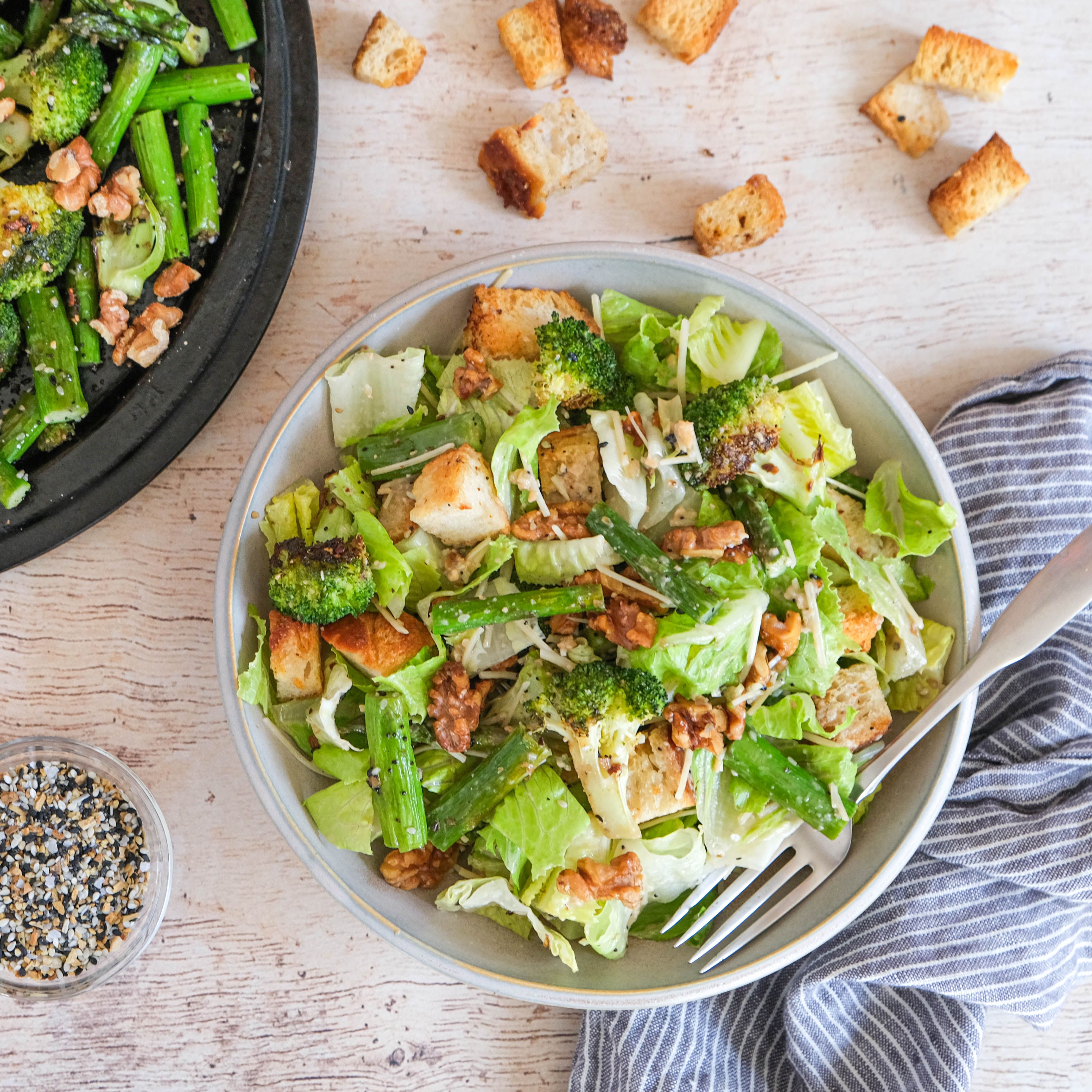 Easy "Everything Spice" Roasted Broccoli & Asparagus Caesar with Walnuts