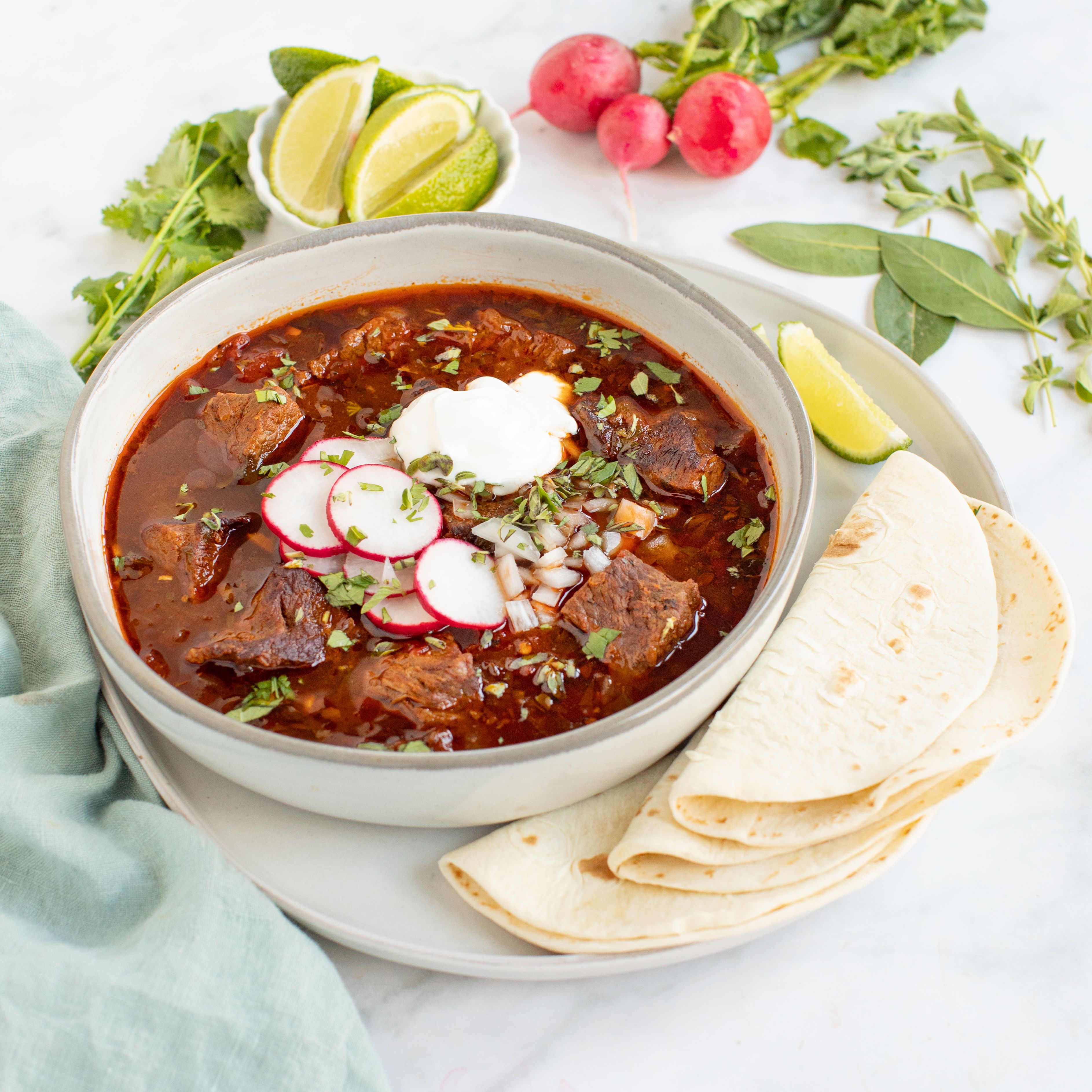 Mexican Beef Birria with Radish, Onion, Sour Cream & Tortillas