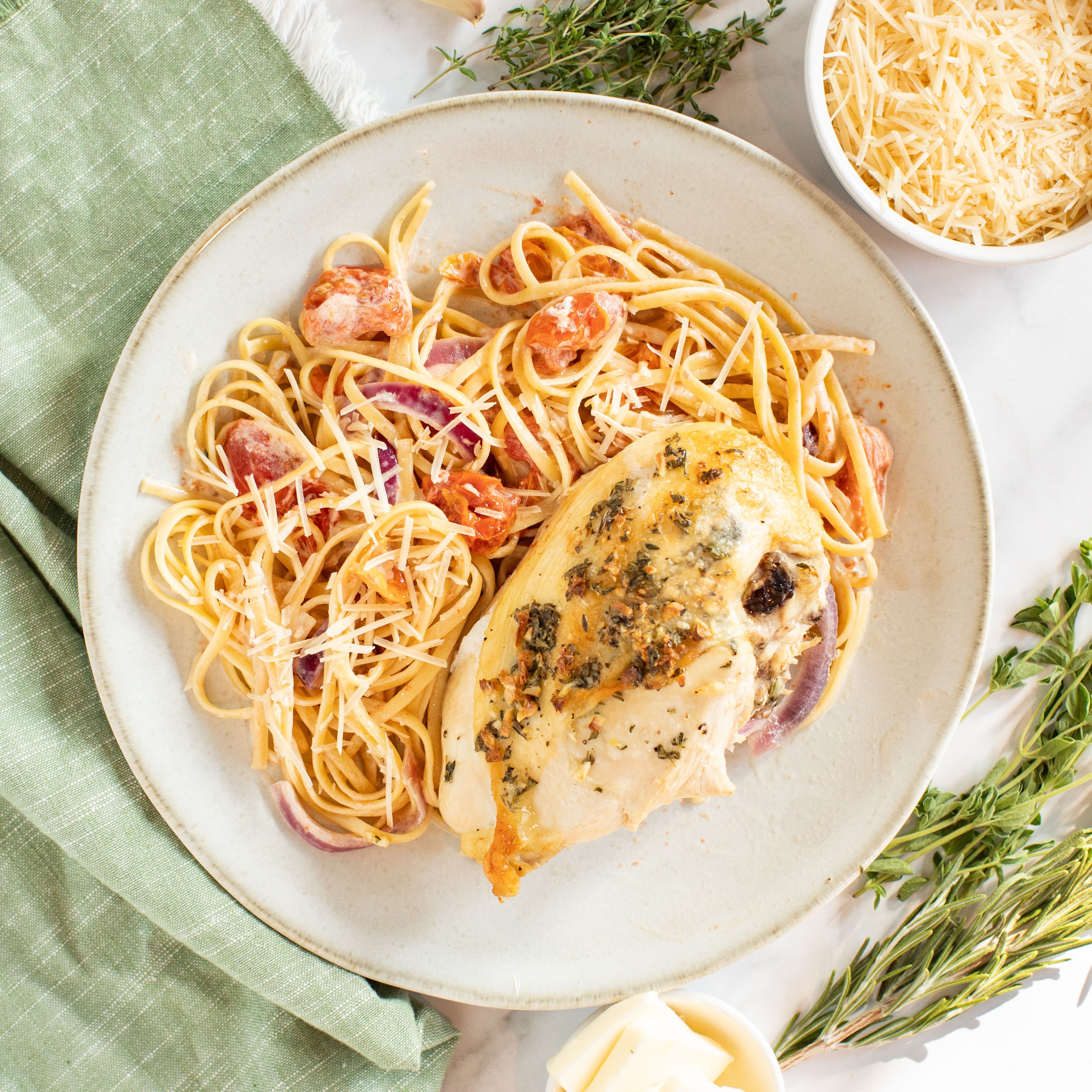 Italian Roasted Chicken Breast with Creamy Tomato & Herb Linguine