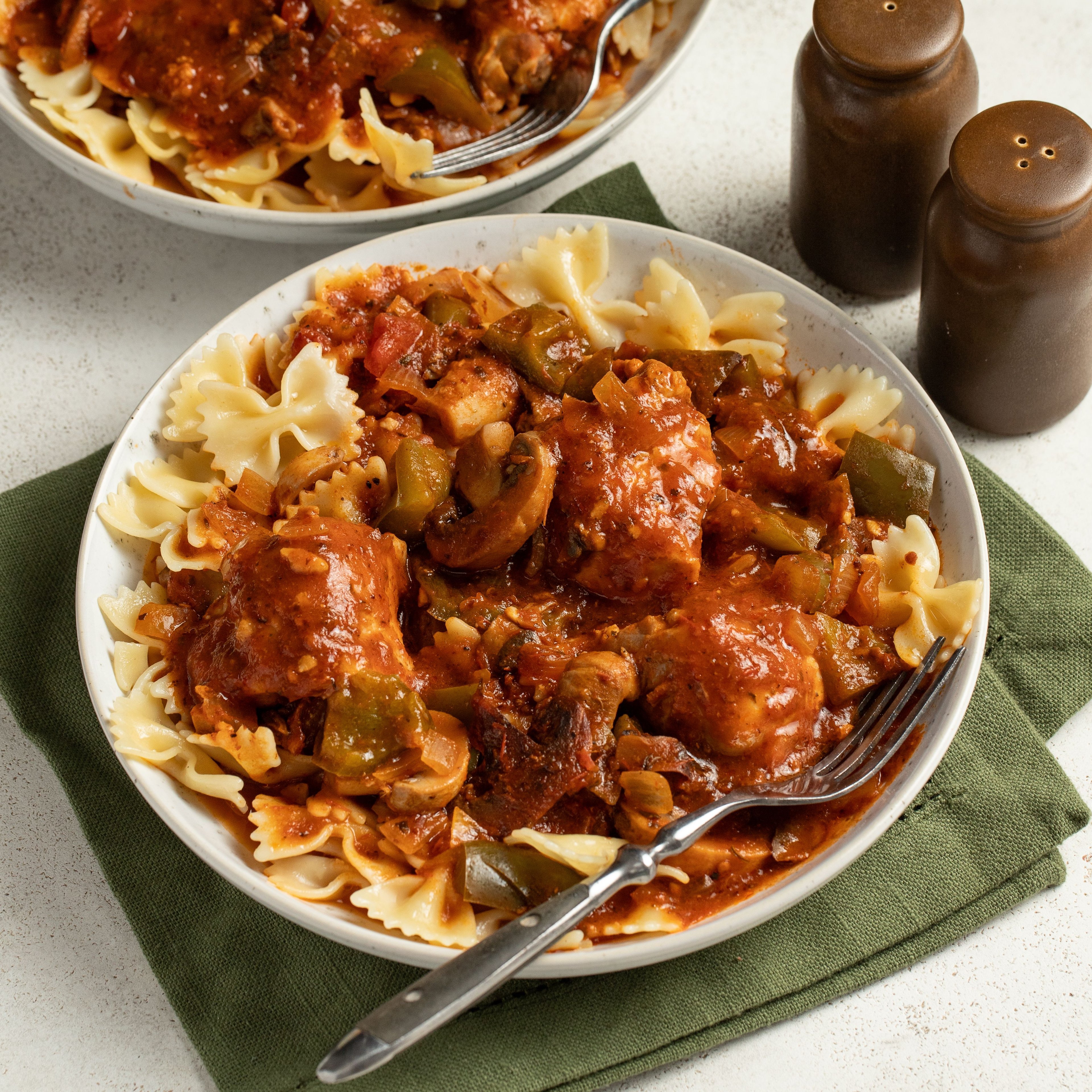 Easy Pressure Cooker Chicken Cacciatore with Mushroom, Bell Pepper & Bow Tie Pasta
