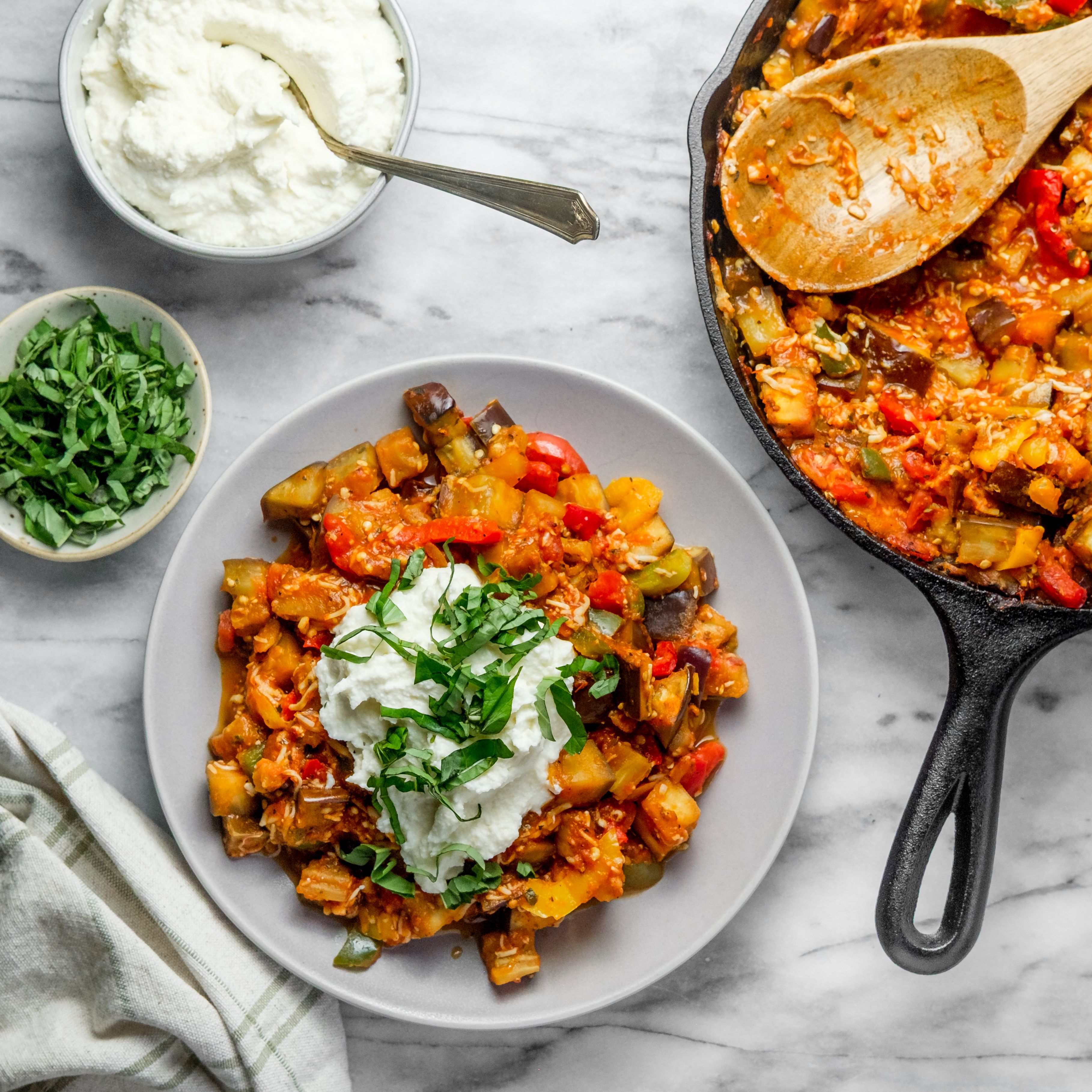 Easy Eggplant, Bell Pepper & Marinara Skillet Bake with Ricotta
