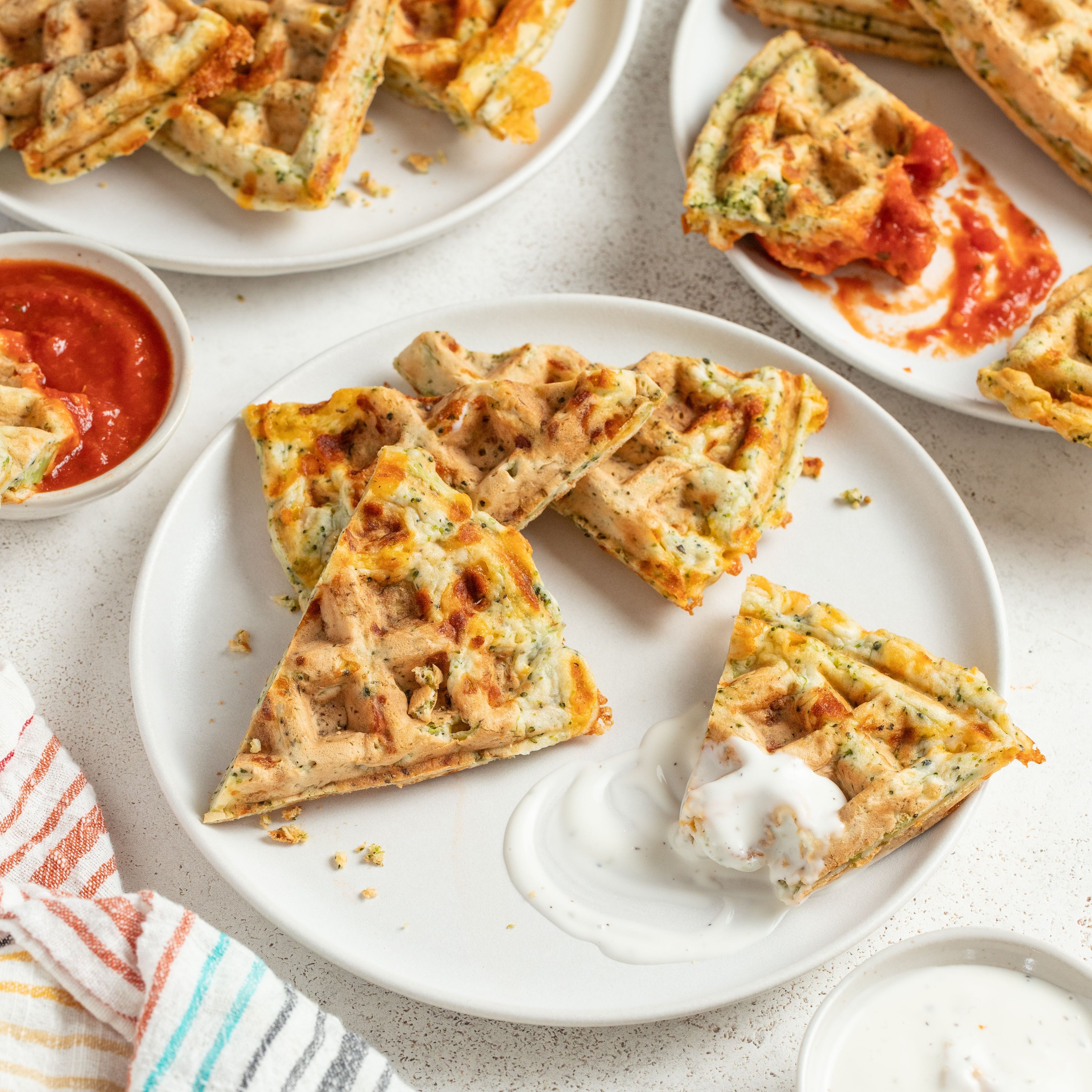Savory Broccoli-Cheddar Waffles with Ranch & Marinara Dipping Sauces