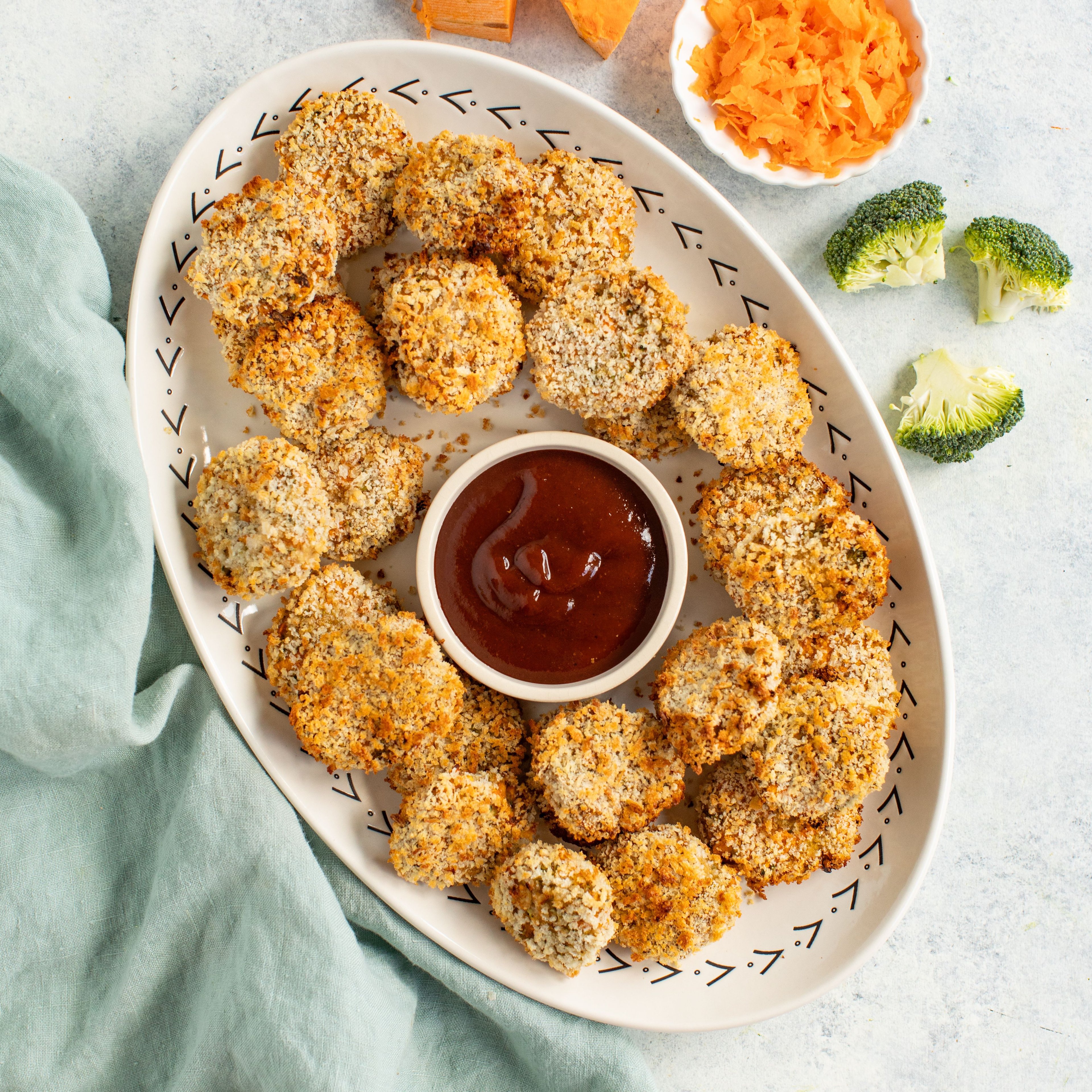 "Eat Your Veggies" Sweet Potato-Broccoli Chicken Nuggets with BBQ Sauce