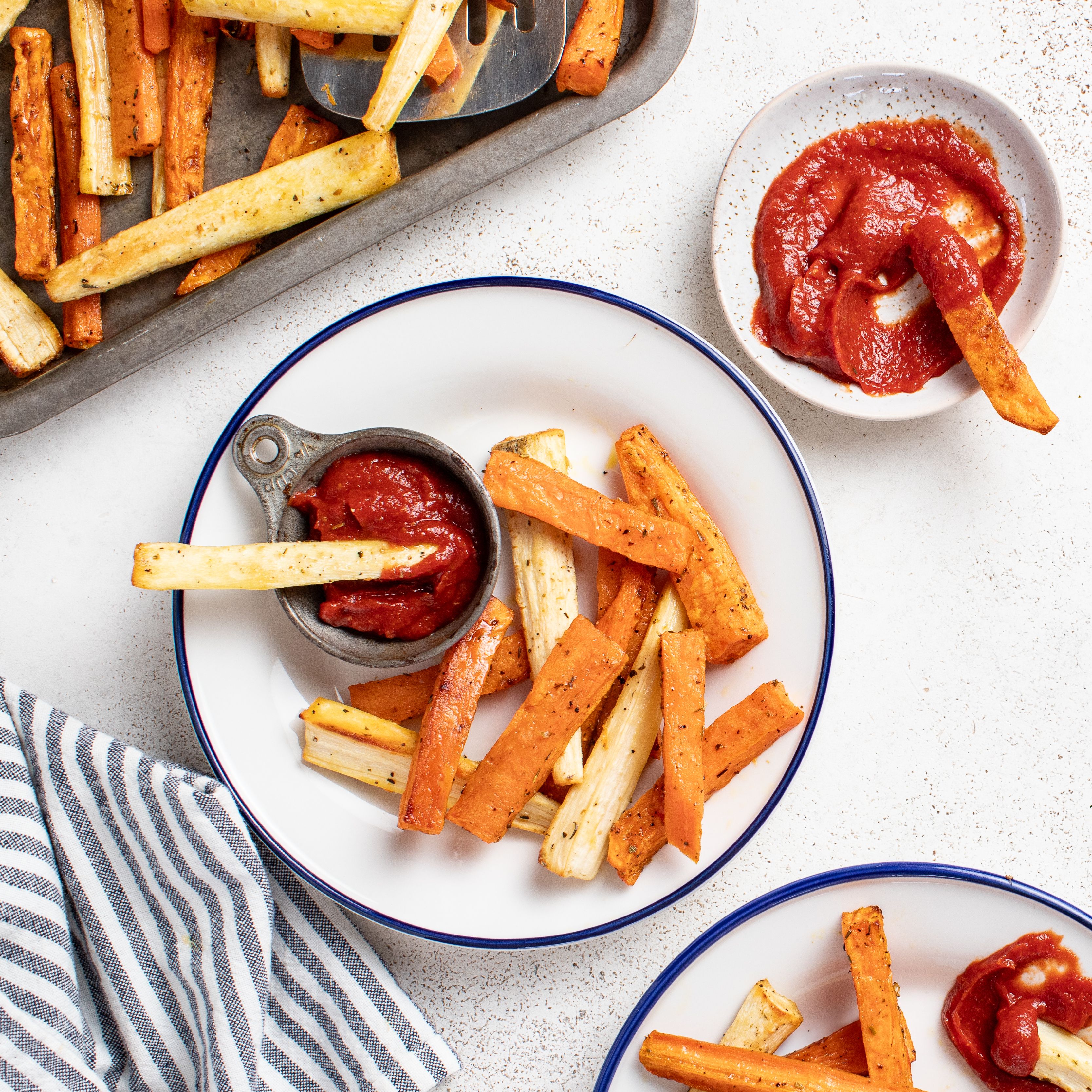 Sweet Potato, Carrot & Parsnip "Oven Fries" with Homemade Ketchup