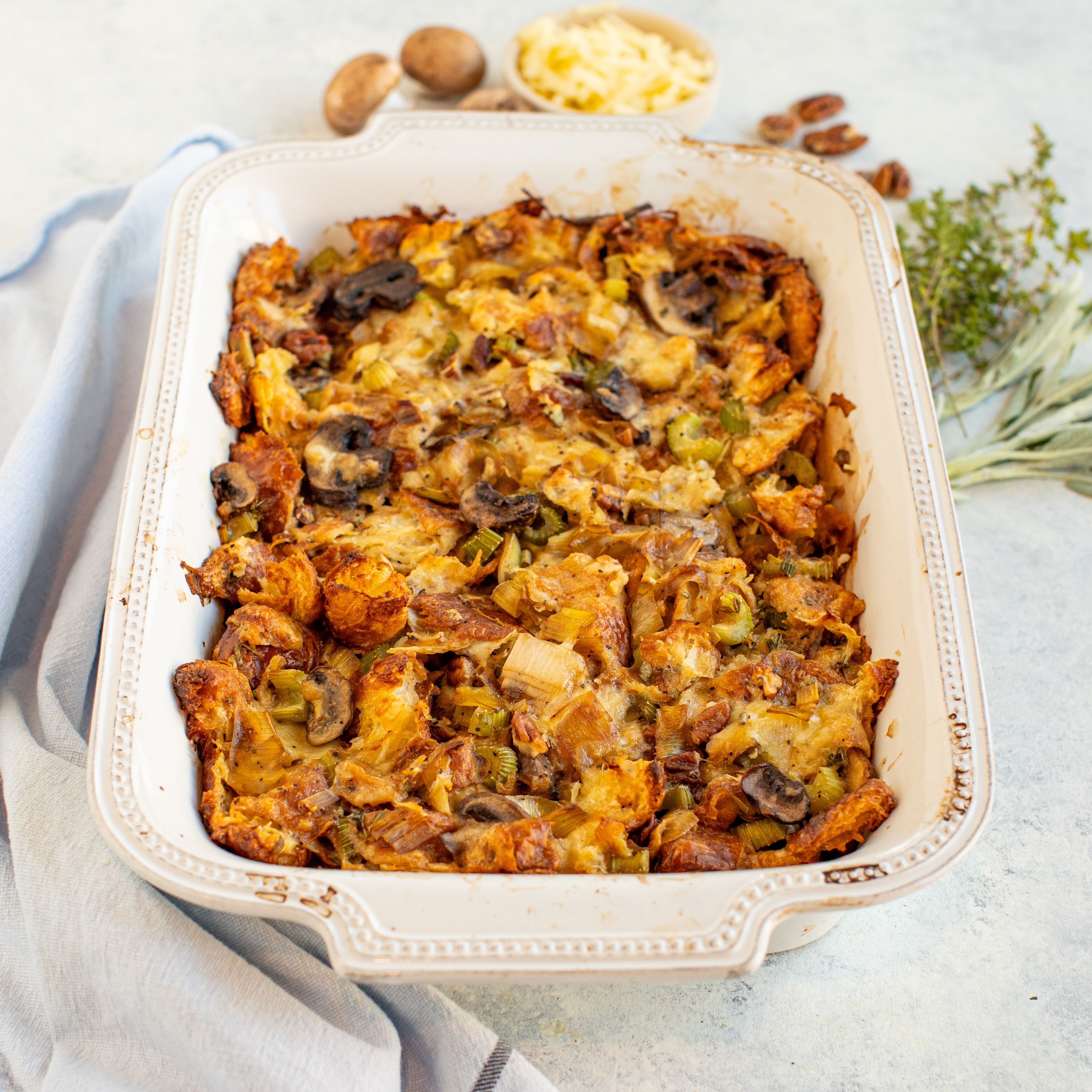 Croissant Stuffing with Caramelized Leeks, Mushrooms, Gruyère & Pecans