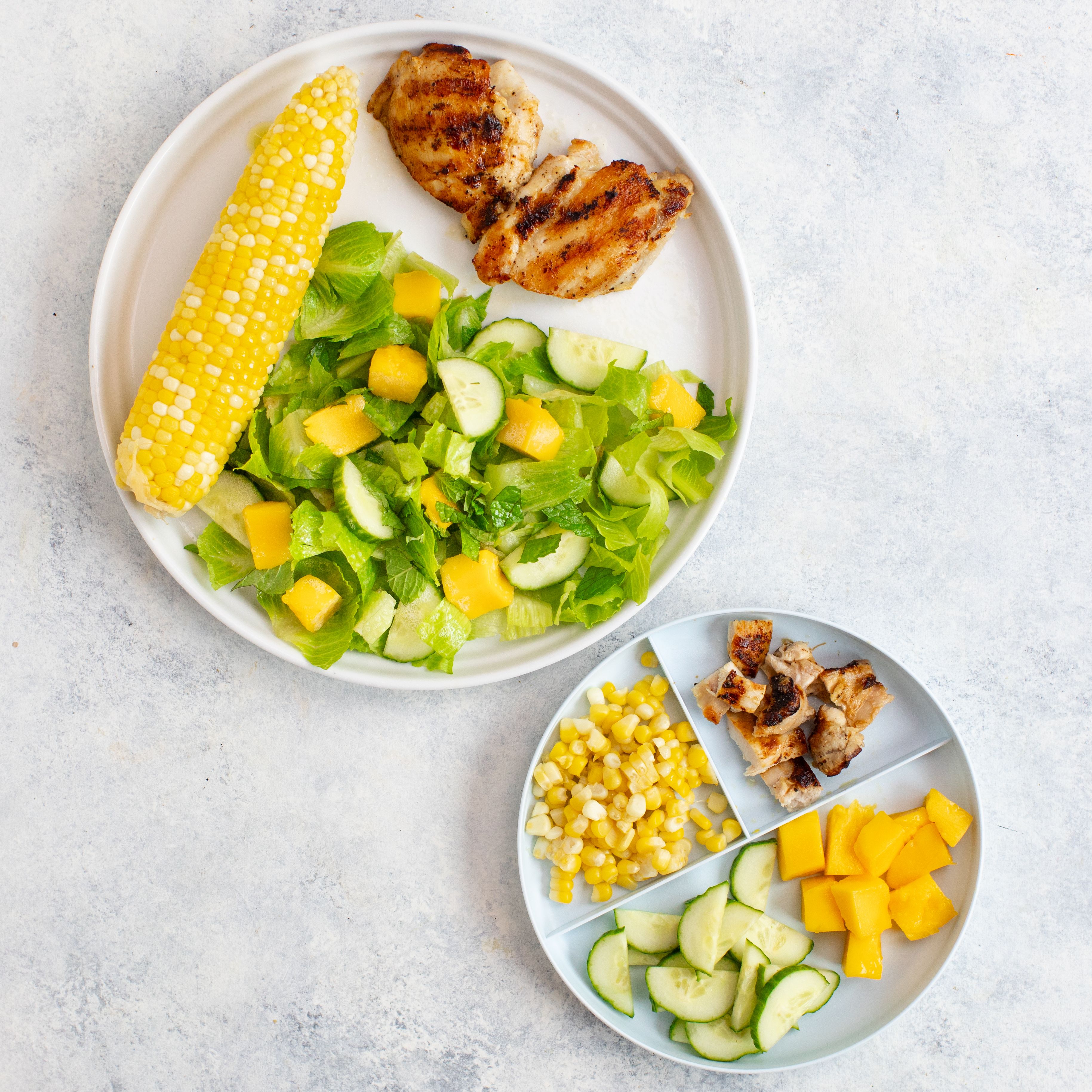 Grilled Chicken Thighs with Corn & Mango-Cucumber Salad (Two Ways)