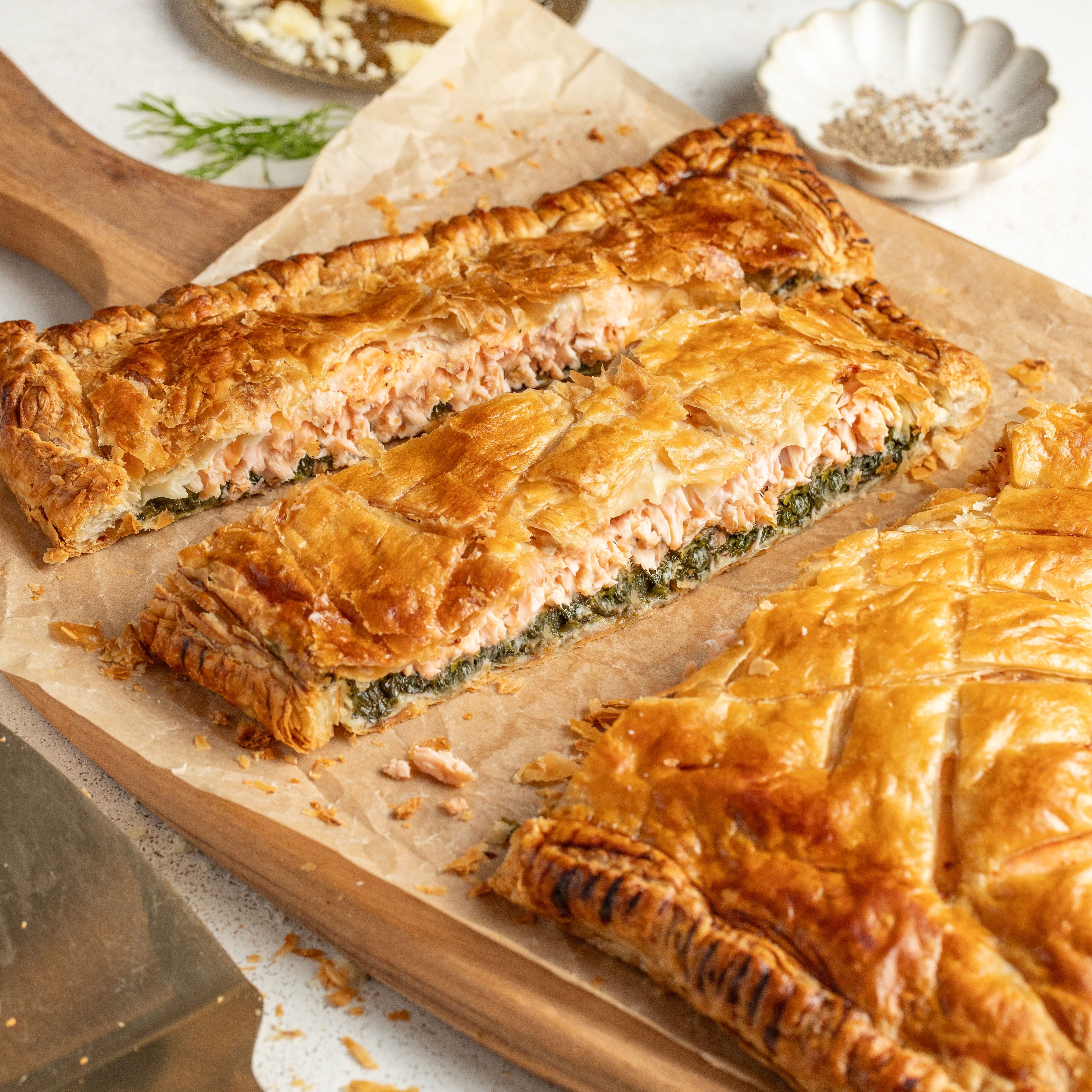 Salmon Wellington with Parmesan Spinach and Golden Puff Pastry Crust
