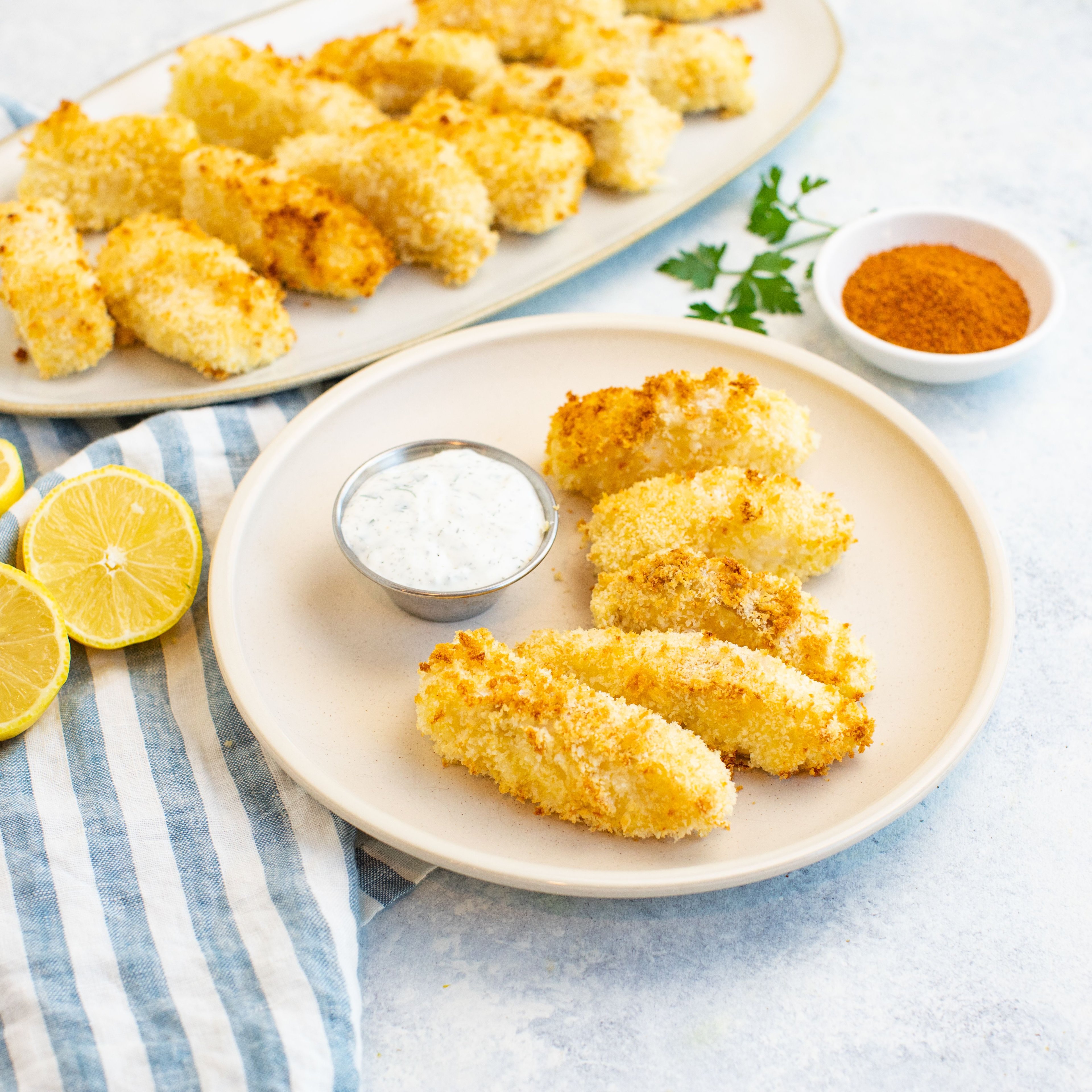 Air Fryer Fish Sticks with Lemon-Yogurt Herb Sauce