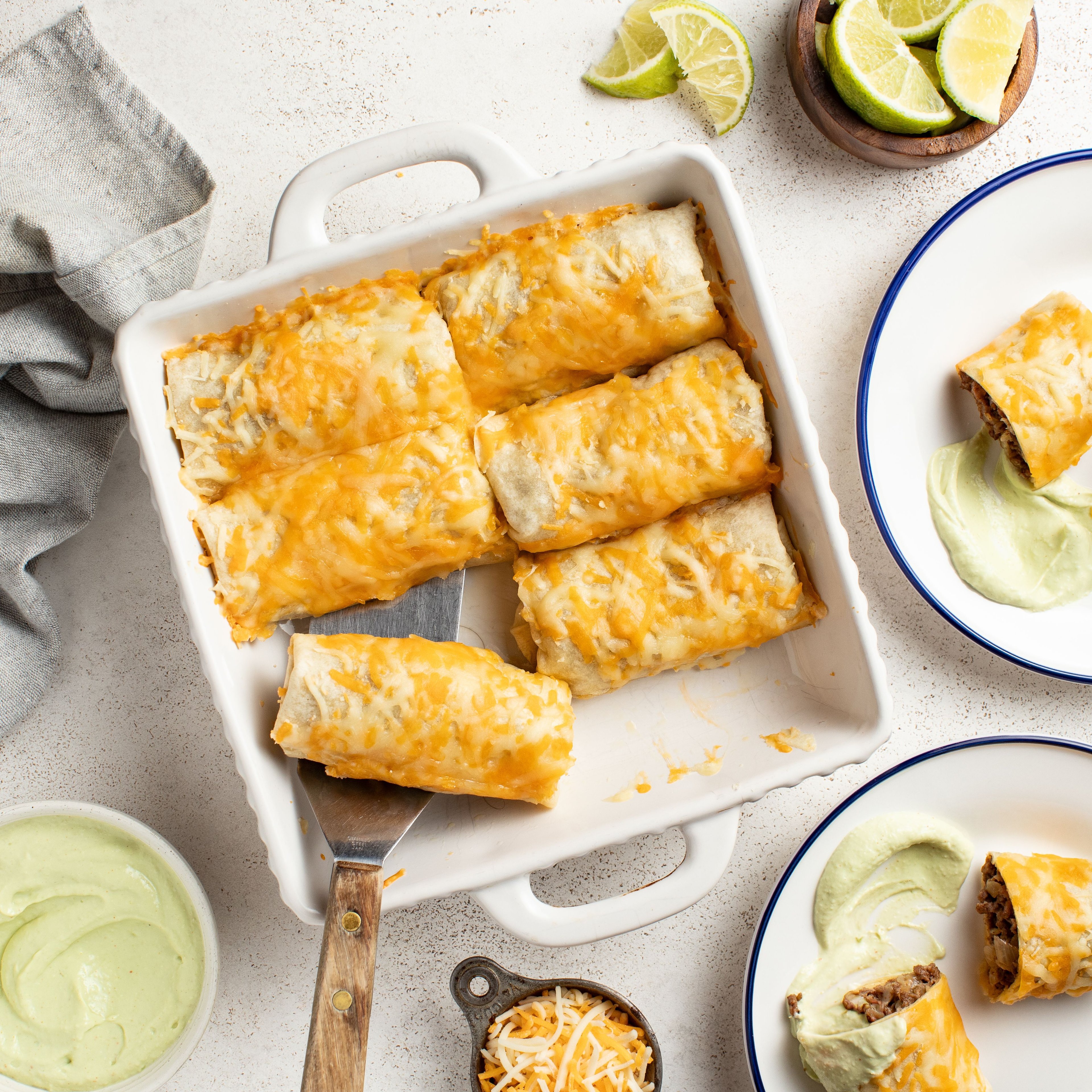 Mini Beef & Cheese Burritos with Avocado-Sour Cream Dip