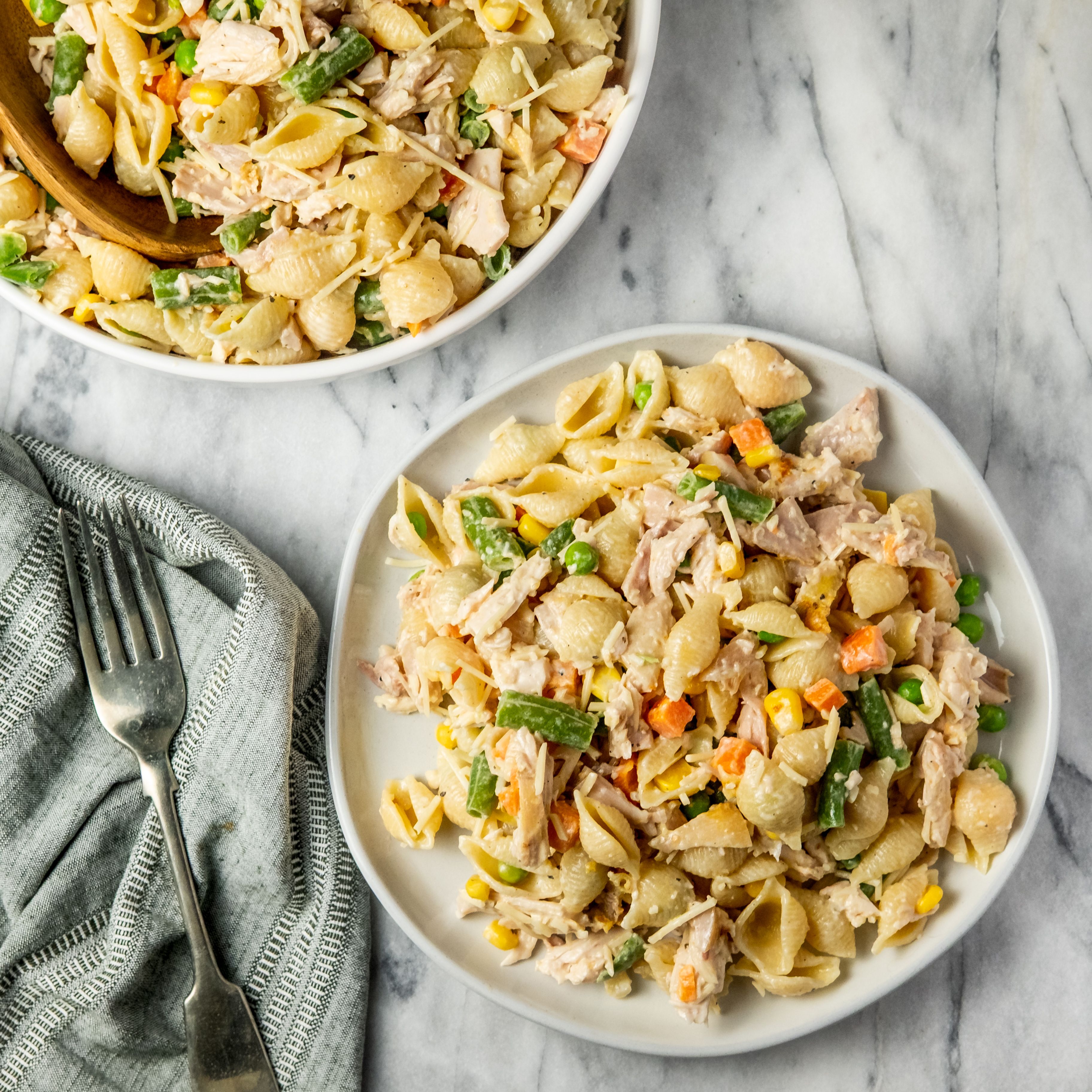 Creamy Pasta Salad with Rotisserie Chicken, Mixed Veggies & Parmesan