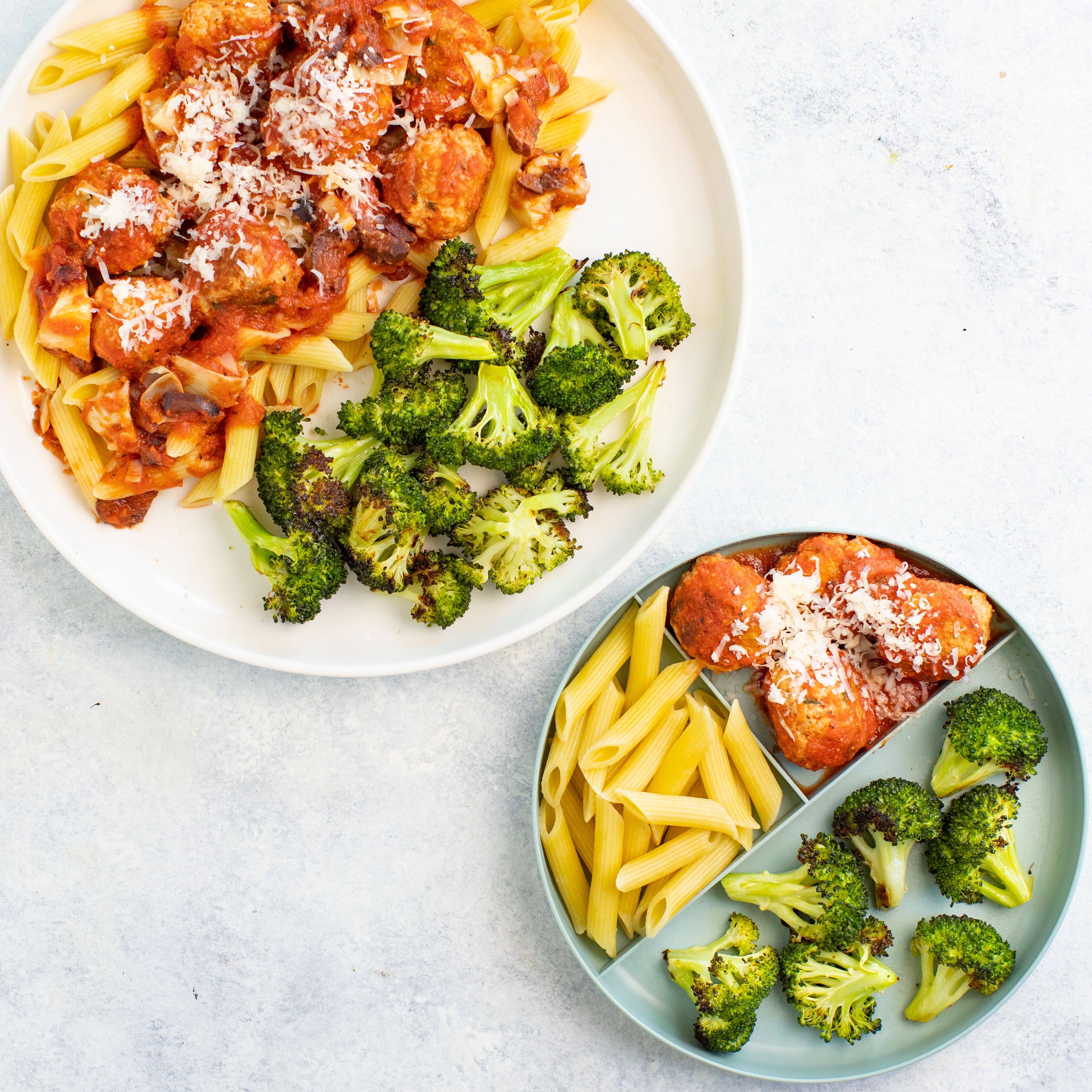 Turkey Meatballs with Tomato Sauce, Penne & Roast Broccoli (Two Ways)