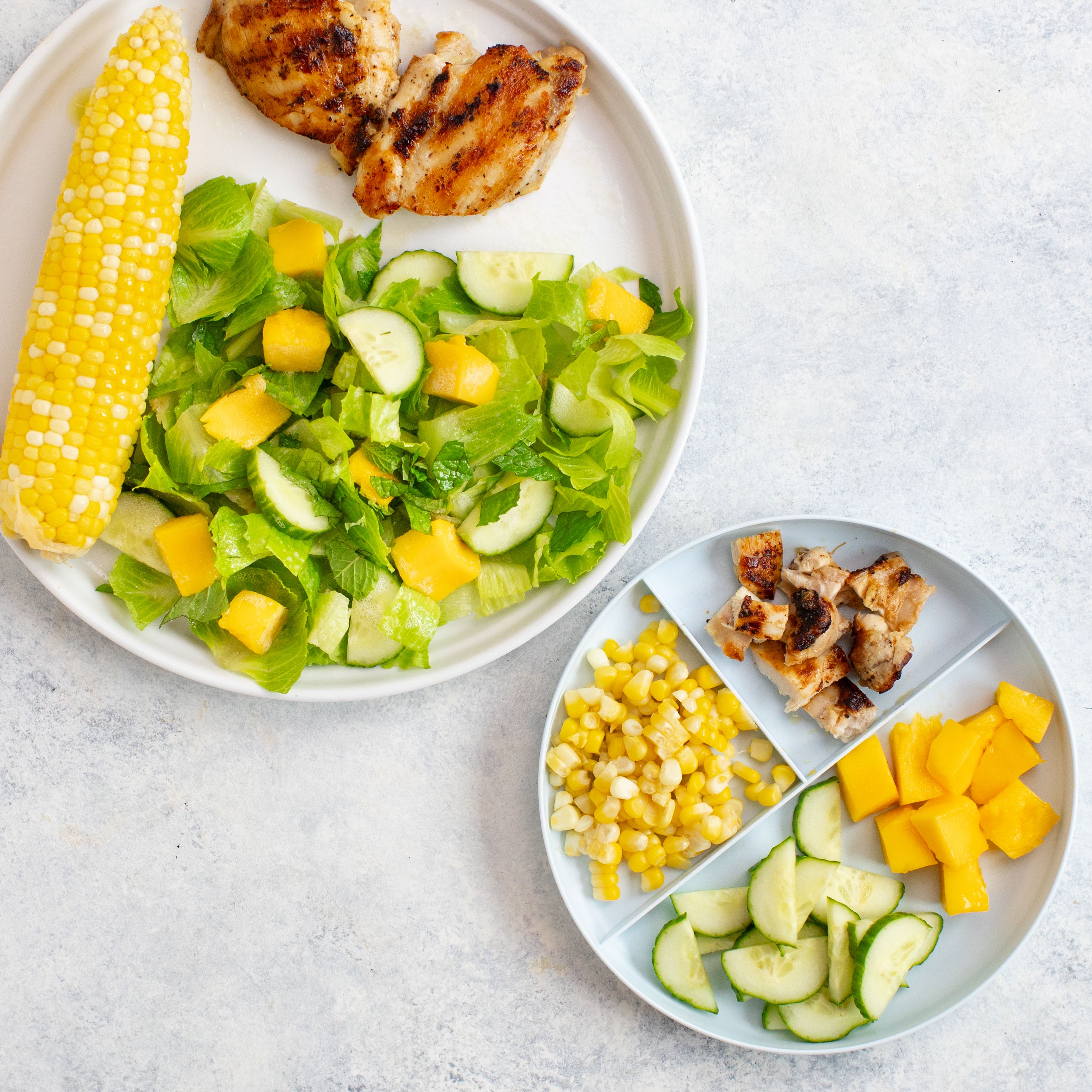 Grilled Chicken Thighs with Corn & Mango-Cucumber Salad (Two Ways)