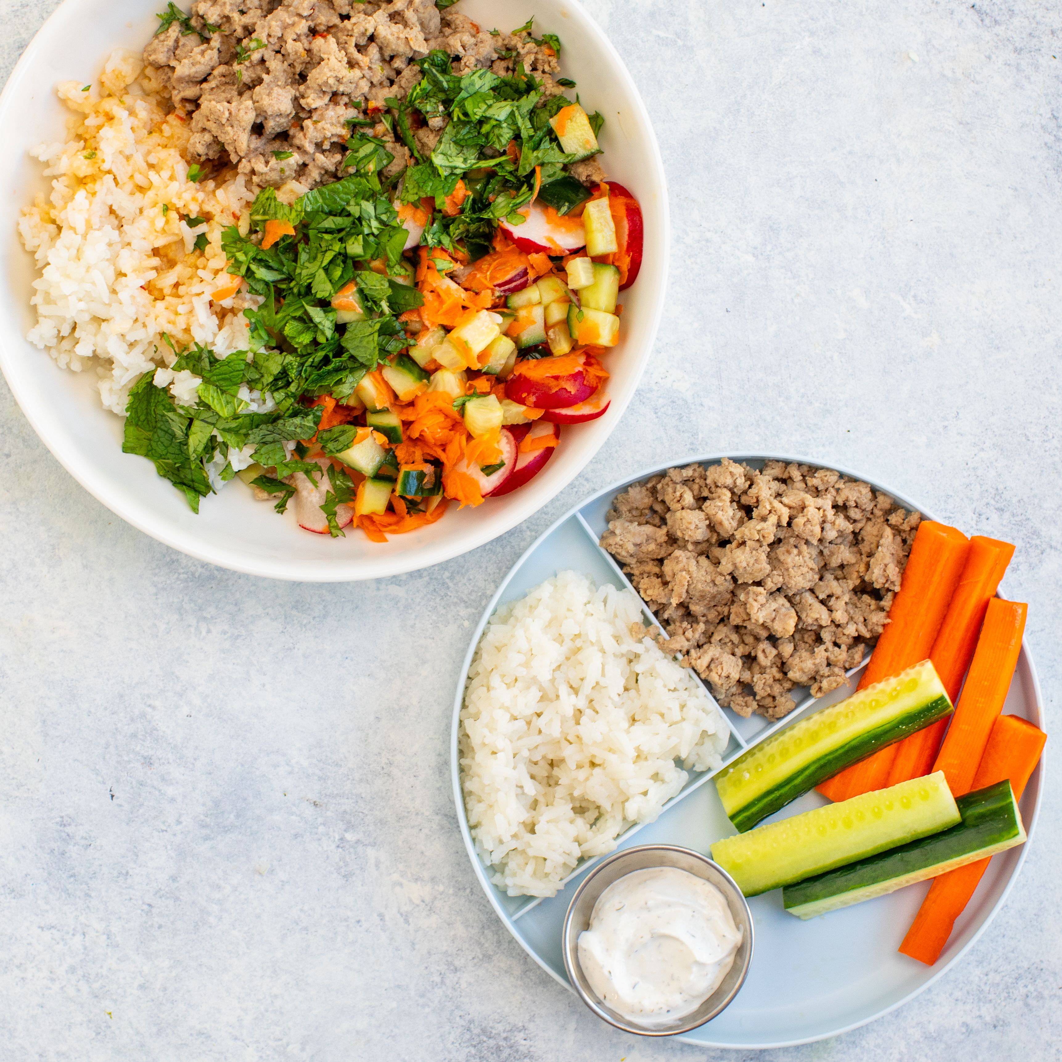 Vietnamese Turkey "Banh Mi" Rice Bowl with Mixed Veggies (Two Ways)