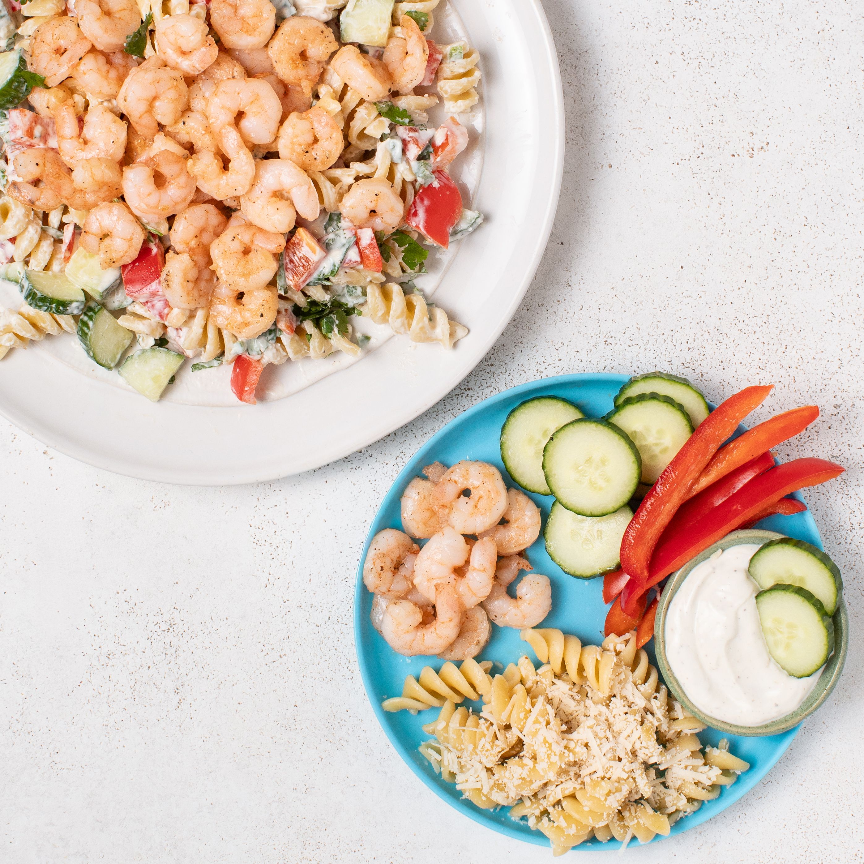 Tex-Mex Pasta Salad with Shrimp, Cucumber & Bell Pepper (Two Ways)