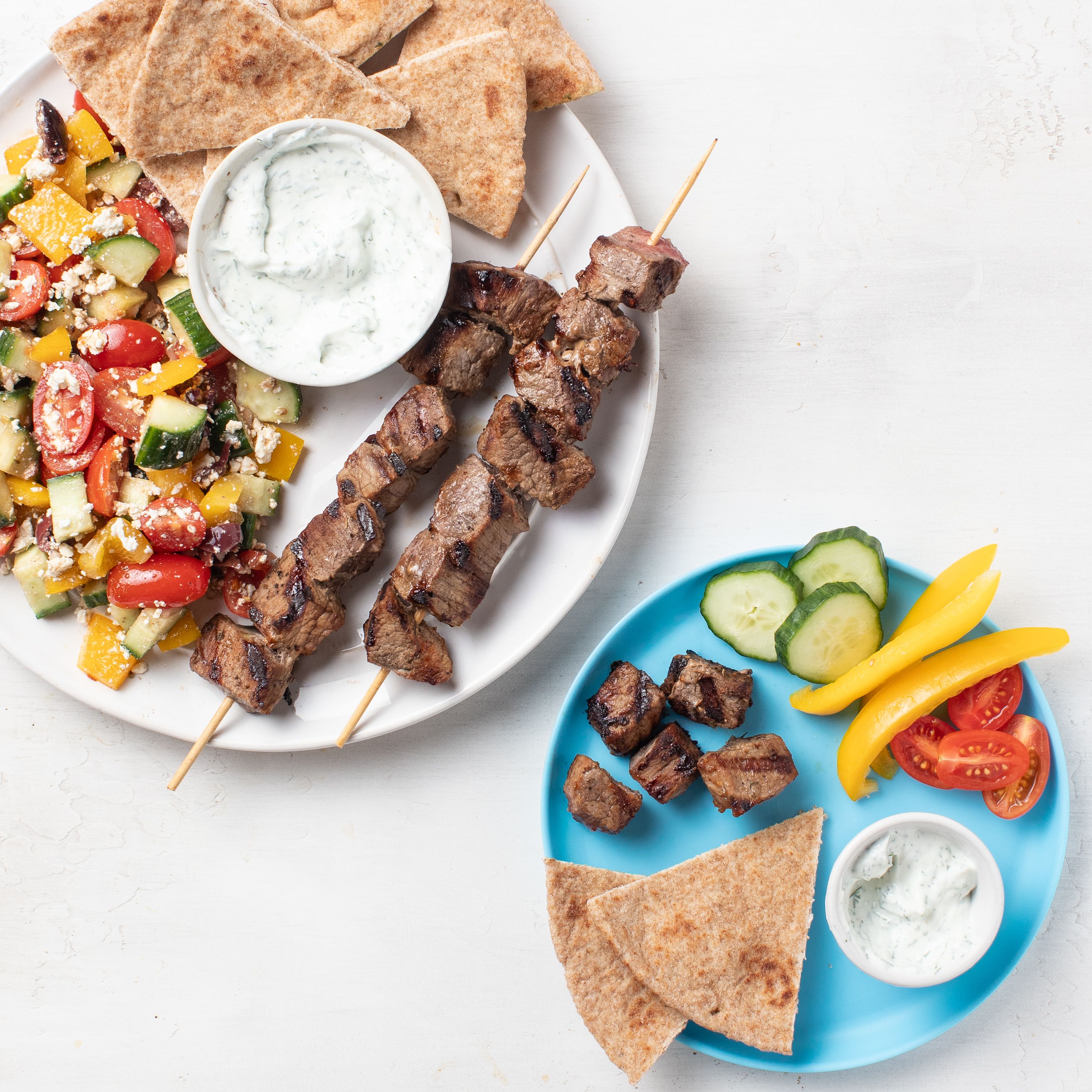 Grilled Balsamic Steak Skewers, Greek Salad & Pita (Two Ways)