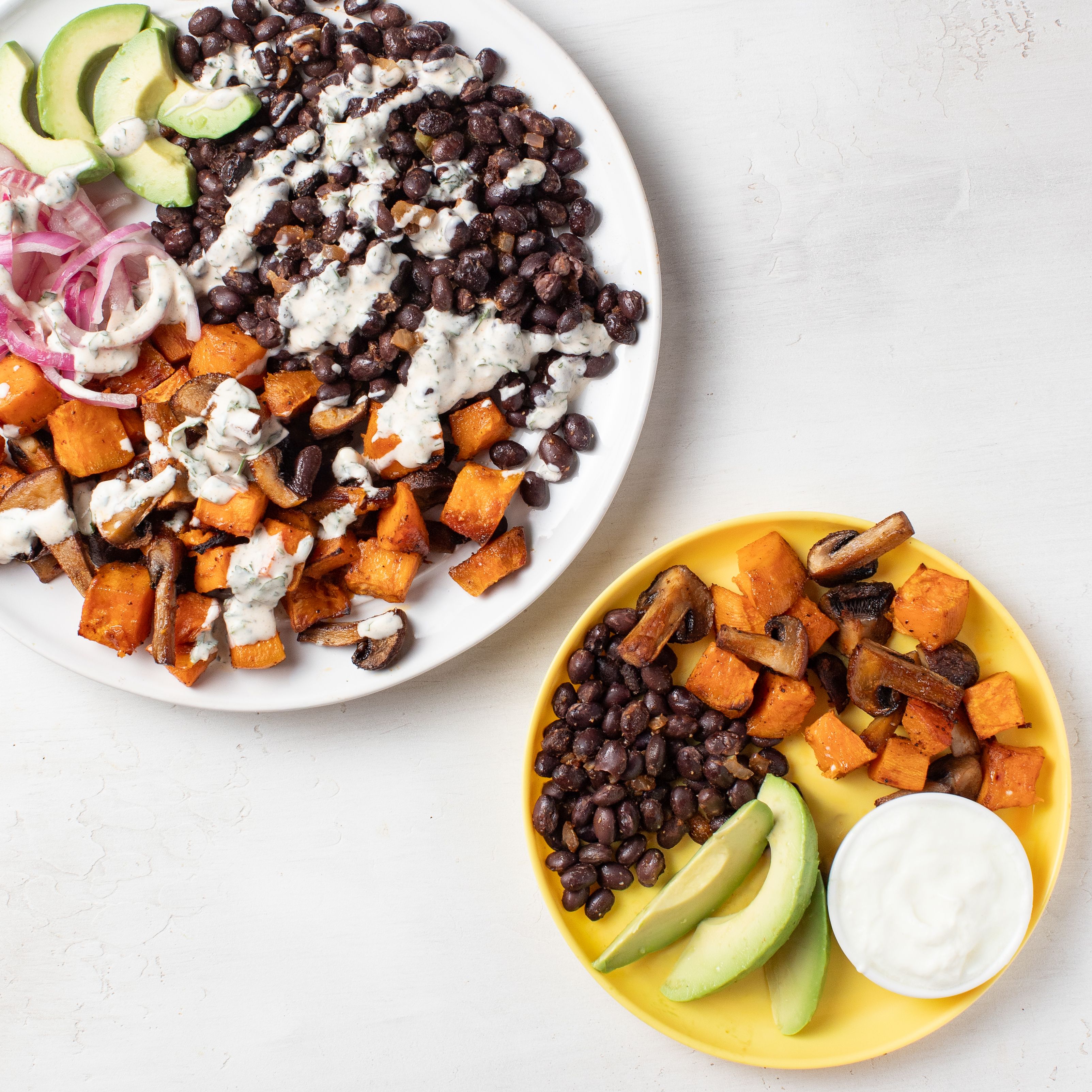 Black Bean-Sweet Potato Bowl with Mushrooms, Avocado & Crema (Two Ways)