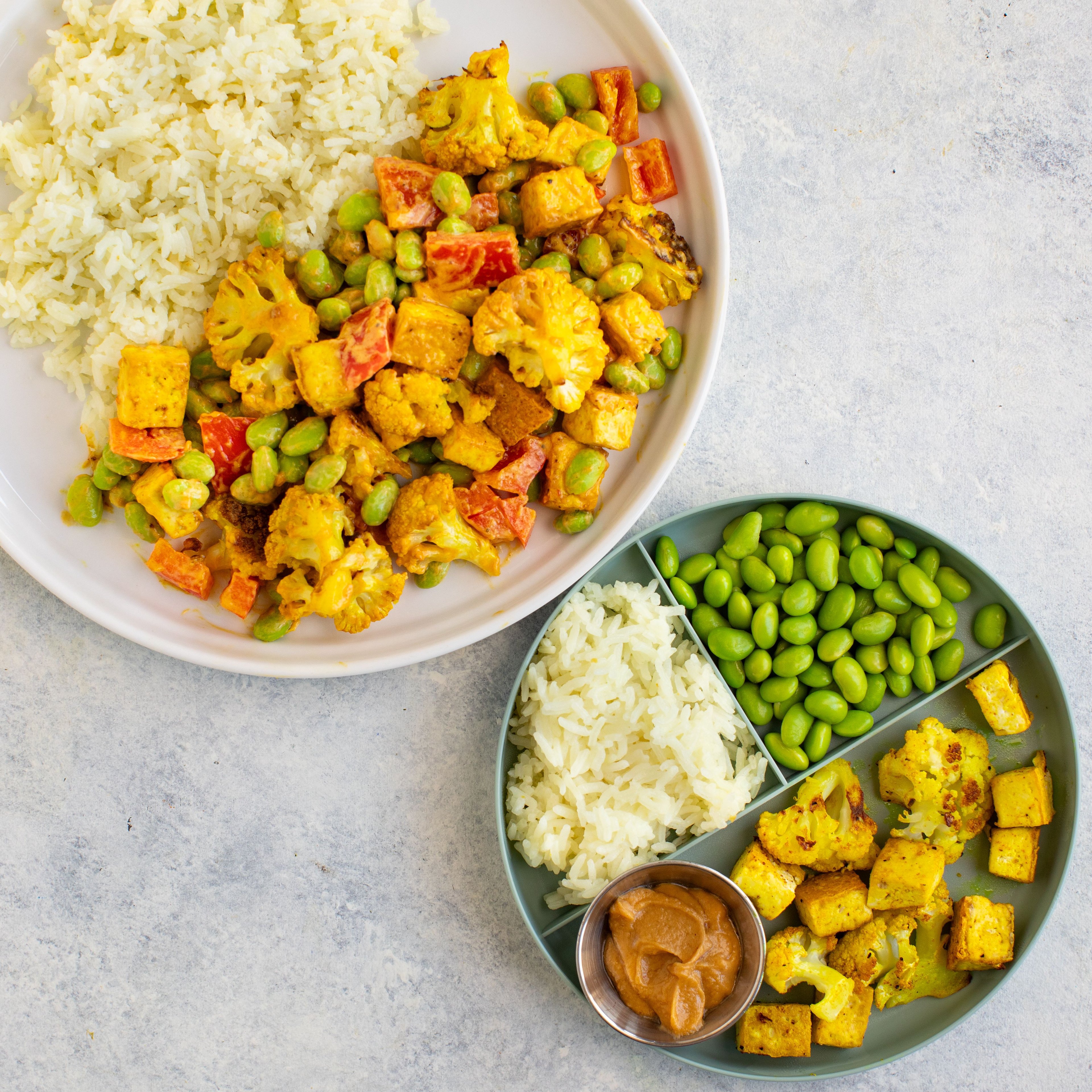 Peanut Tofu-Cauliflower Bake with Bell Pepper, Edamame & Rice (Two Ways)