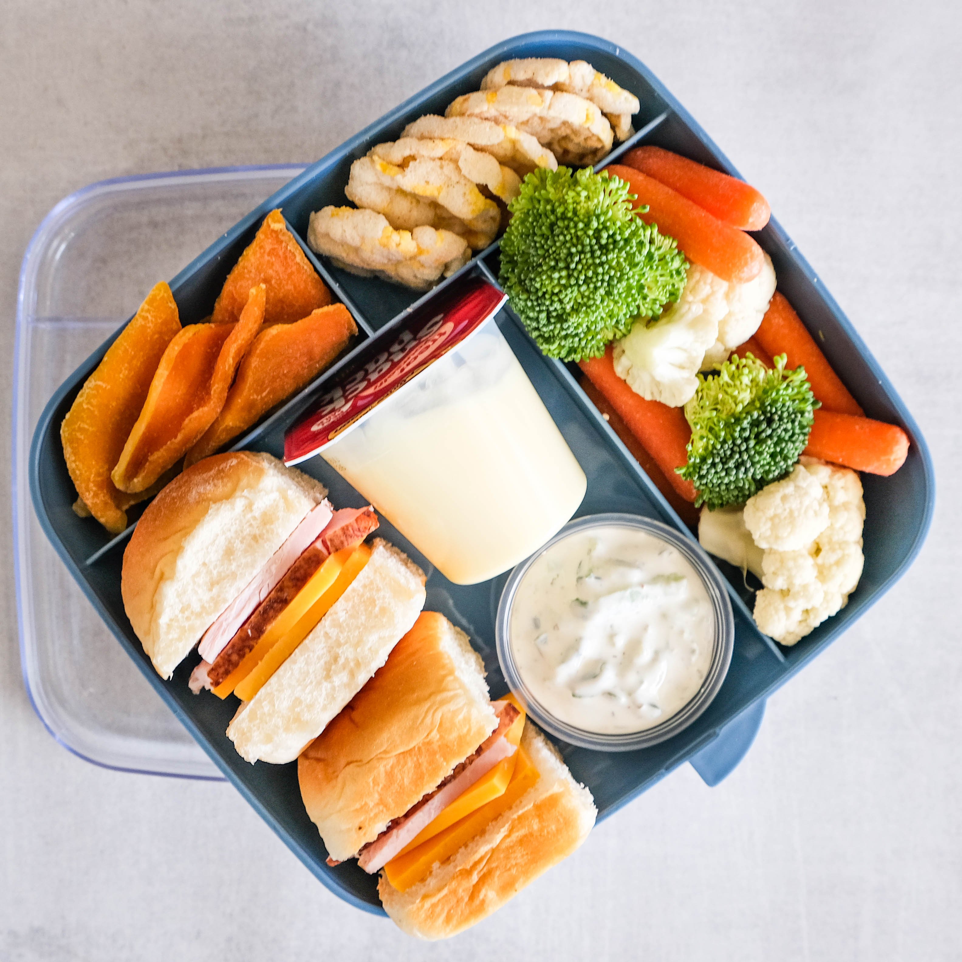 Ham & Cheese Slider Bento Box with Vanilla Pudding, Dried Mango, Rice ...