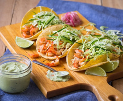 Crawfish Tacos with Creamy Avocado Tomatillo Salsa