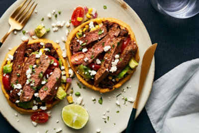 Carne Asada Sopes with AvocadoCorn Salsa and Refried Black Beans
